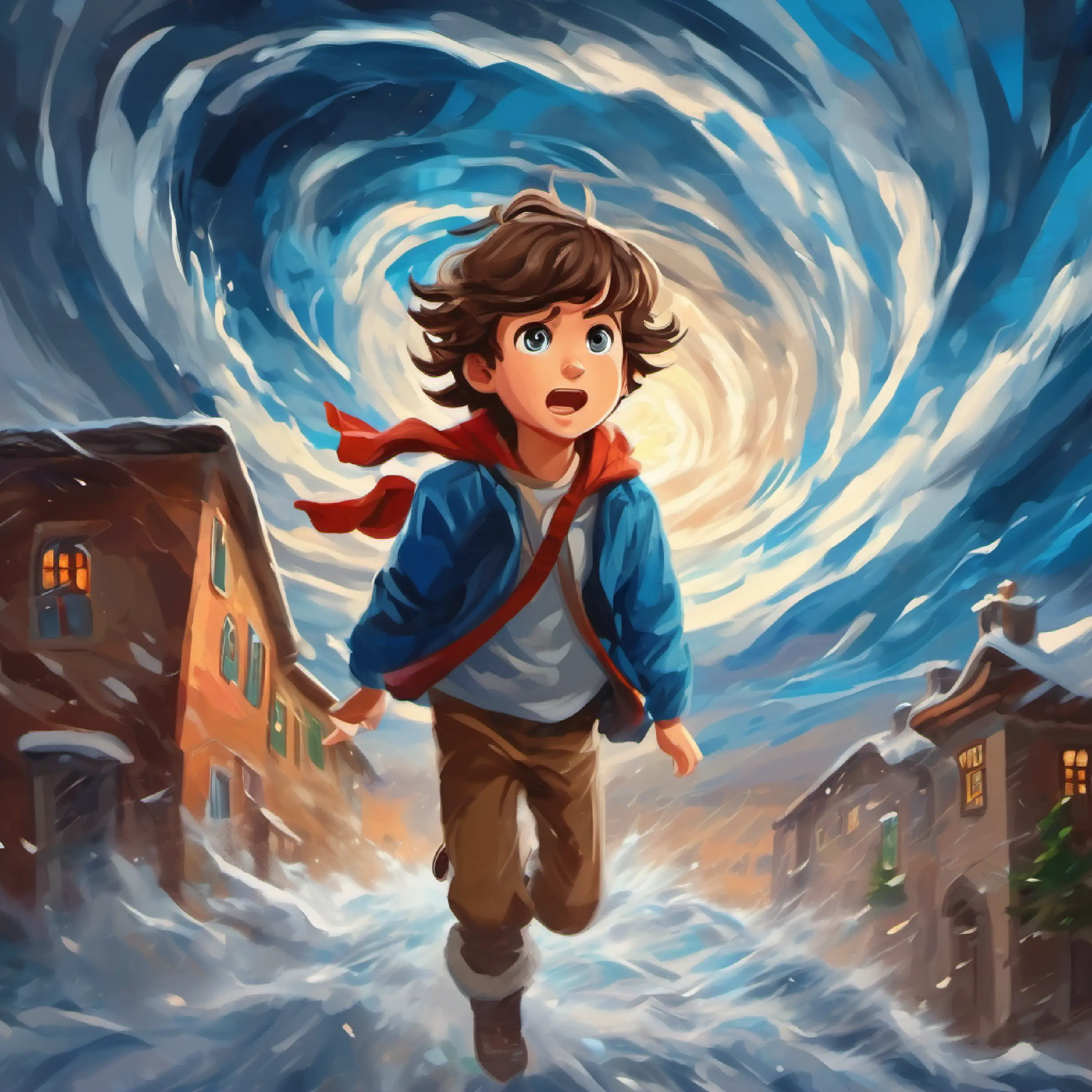 Swirling in the tornado, Young boy, adventurous spirit, brown hair, blue eyes experiences the storm's power.