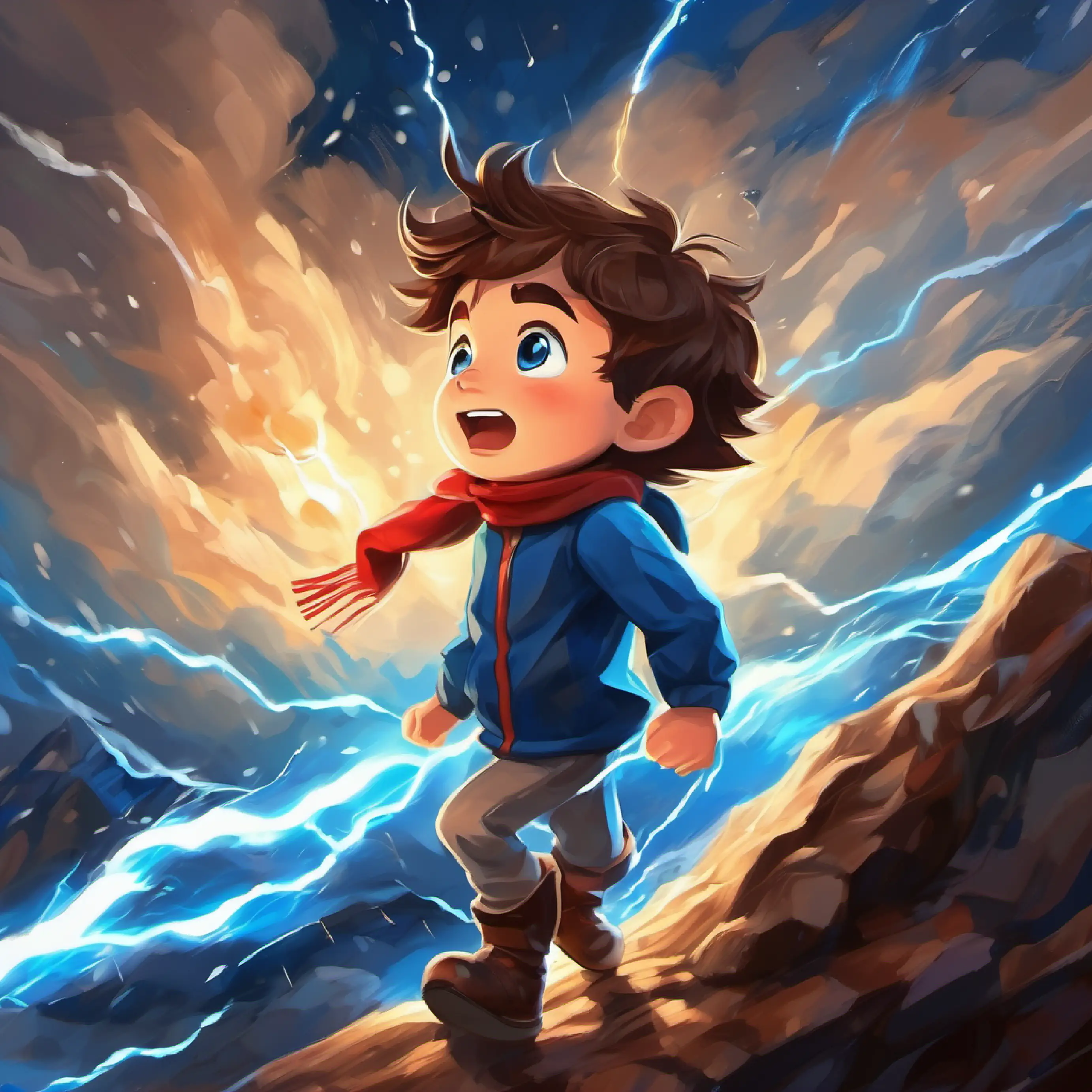 Young boy, adventurous spirit, brown hair, blue eyes feels the storm's electricity, awe striking him with each flash.