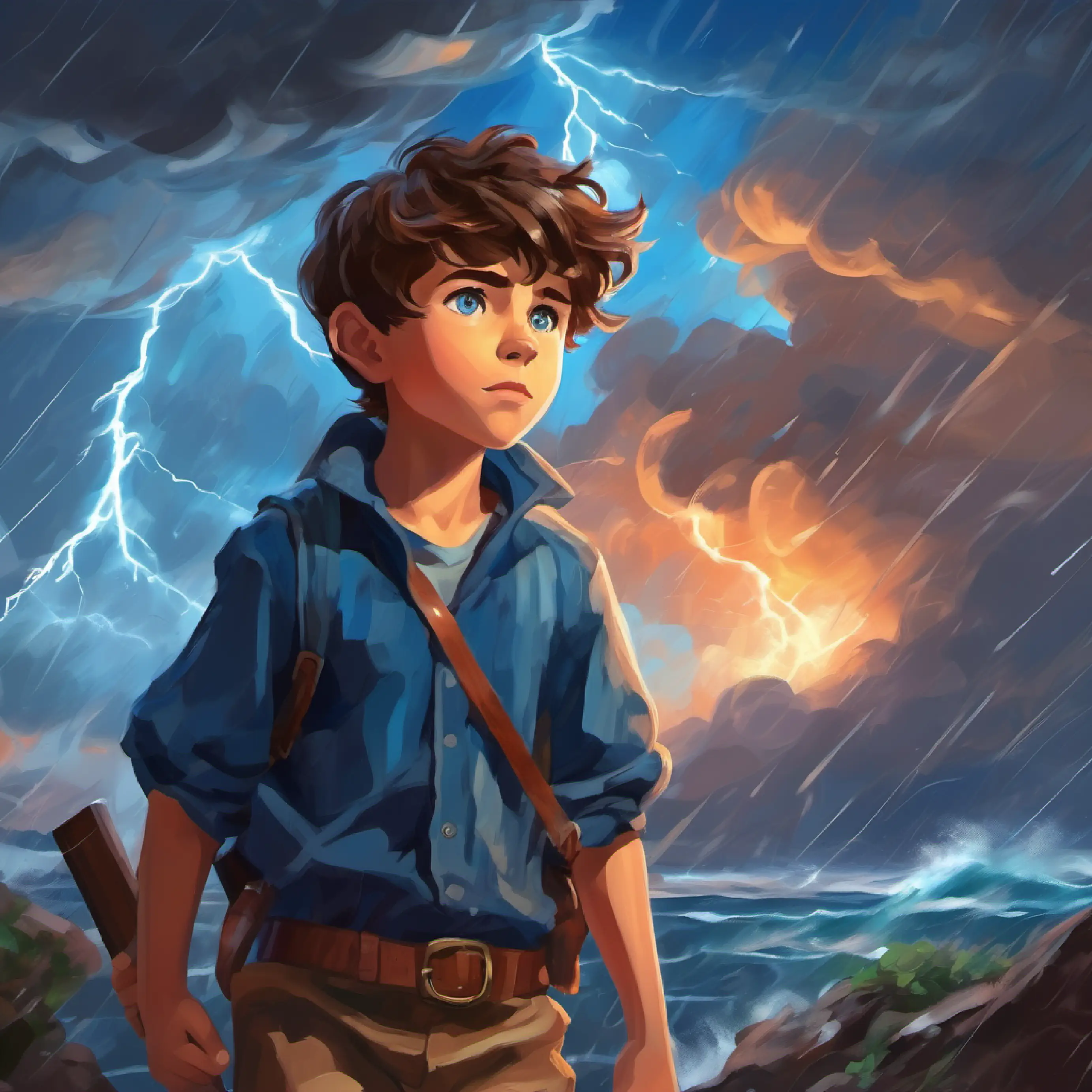 Young boy, adventurous spirit, brown hair, blue eyes bonds with the storm, channeling its power and emotion.