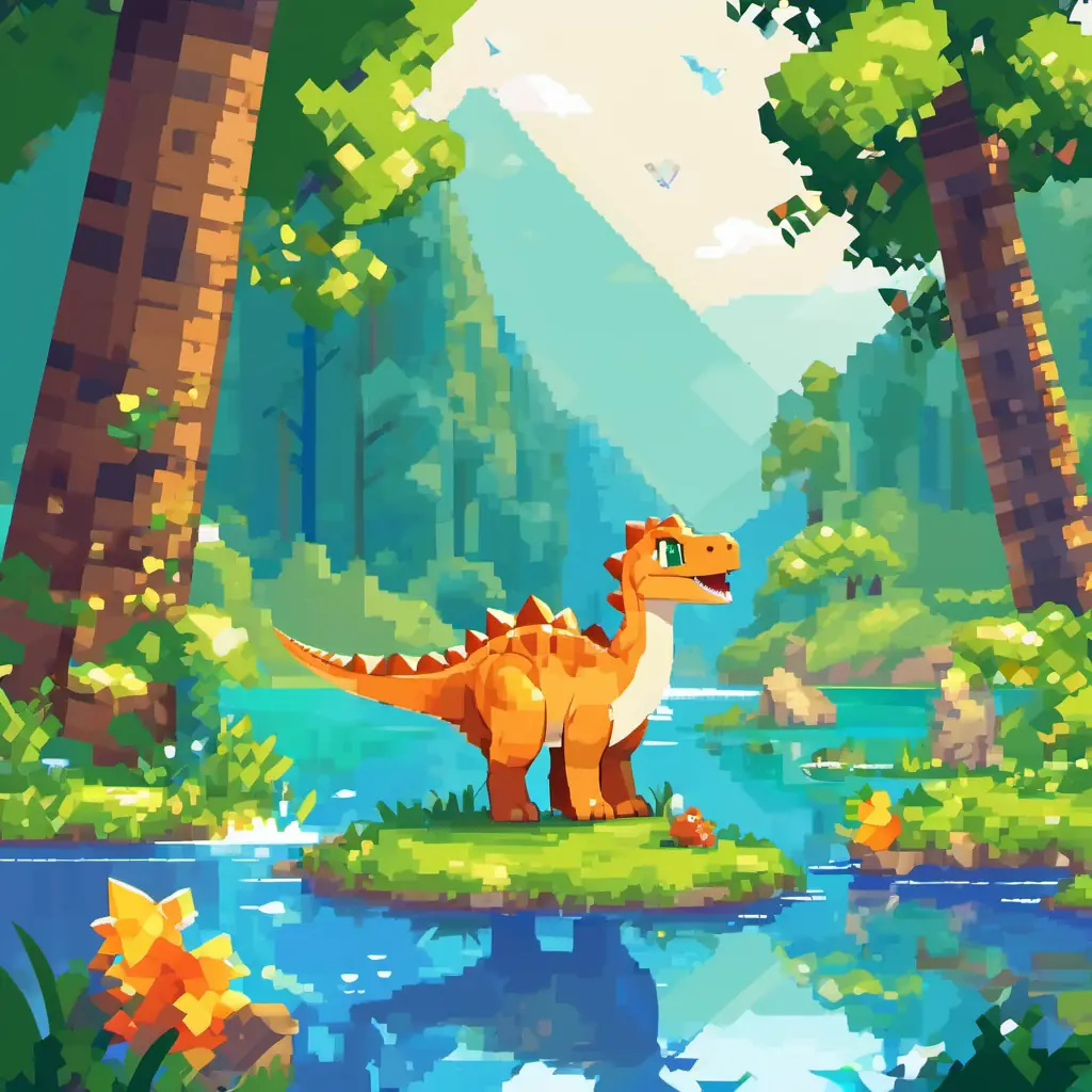 Brown hair, green eyes, playful and kind and Blonde hair, blue eyes, joyful and caring playing in a sunny forest, finding a baby dinosaur next to a sparkling blue lake