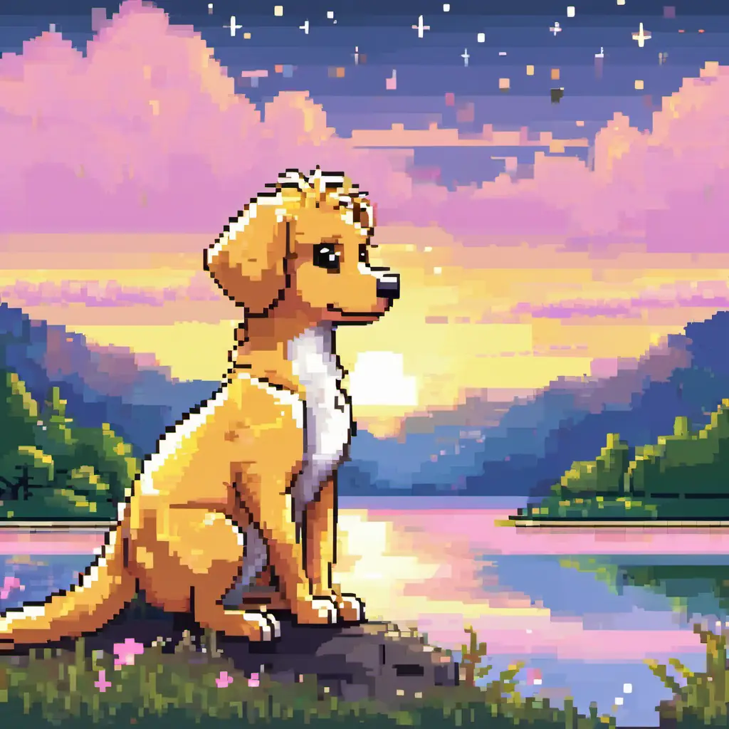 Brown hair, green eyes, playful and kind, Blonde hair, blue eyes, joyful and caring, Small, yellow, and playful baby dinosaur, and Fluffy dog with black and white fur, always wagging his tail hugging each other near the sparkling lake, with a pink and gold sky in the background