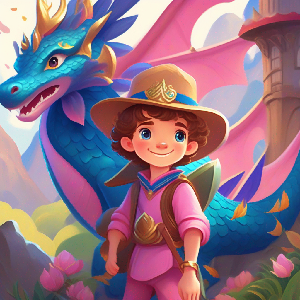 Brave boy with brown hair, wearing an adventurous hat, Sweet girl with golden curls, wearing a pink dress, and Majestic blue dragon with shimmering scales and friendly eyes celebrated with villagers and colorful banners
