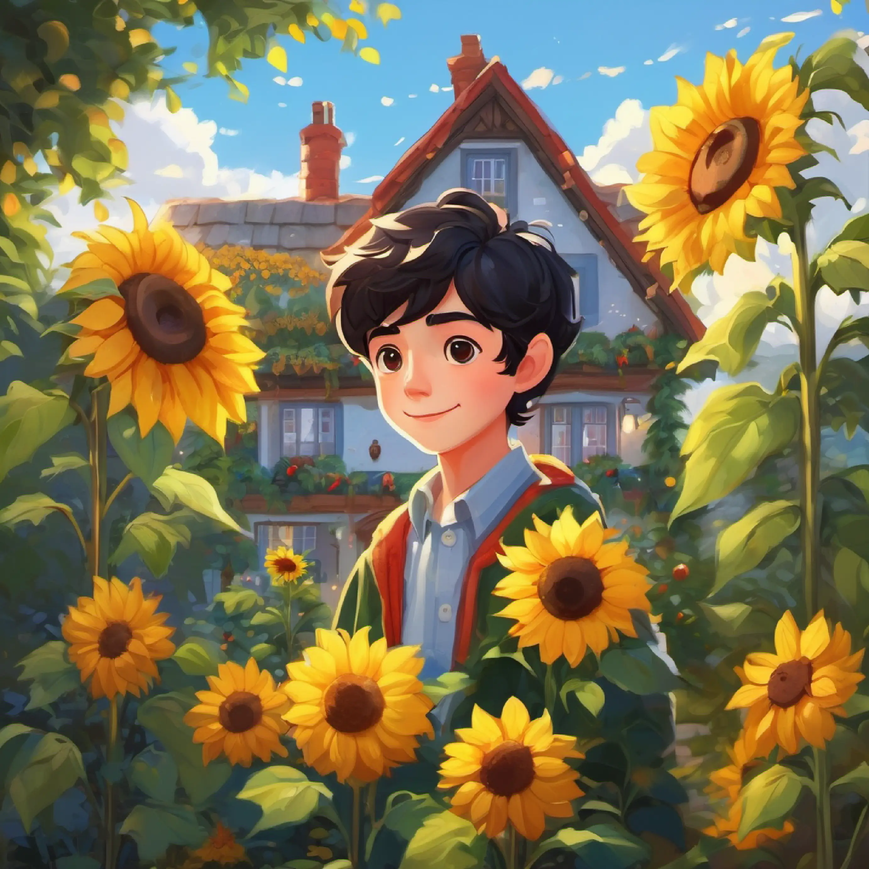 Introducing Dark-haired, dark-eyed boy, cute as a button, cozy house, sunflower garden