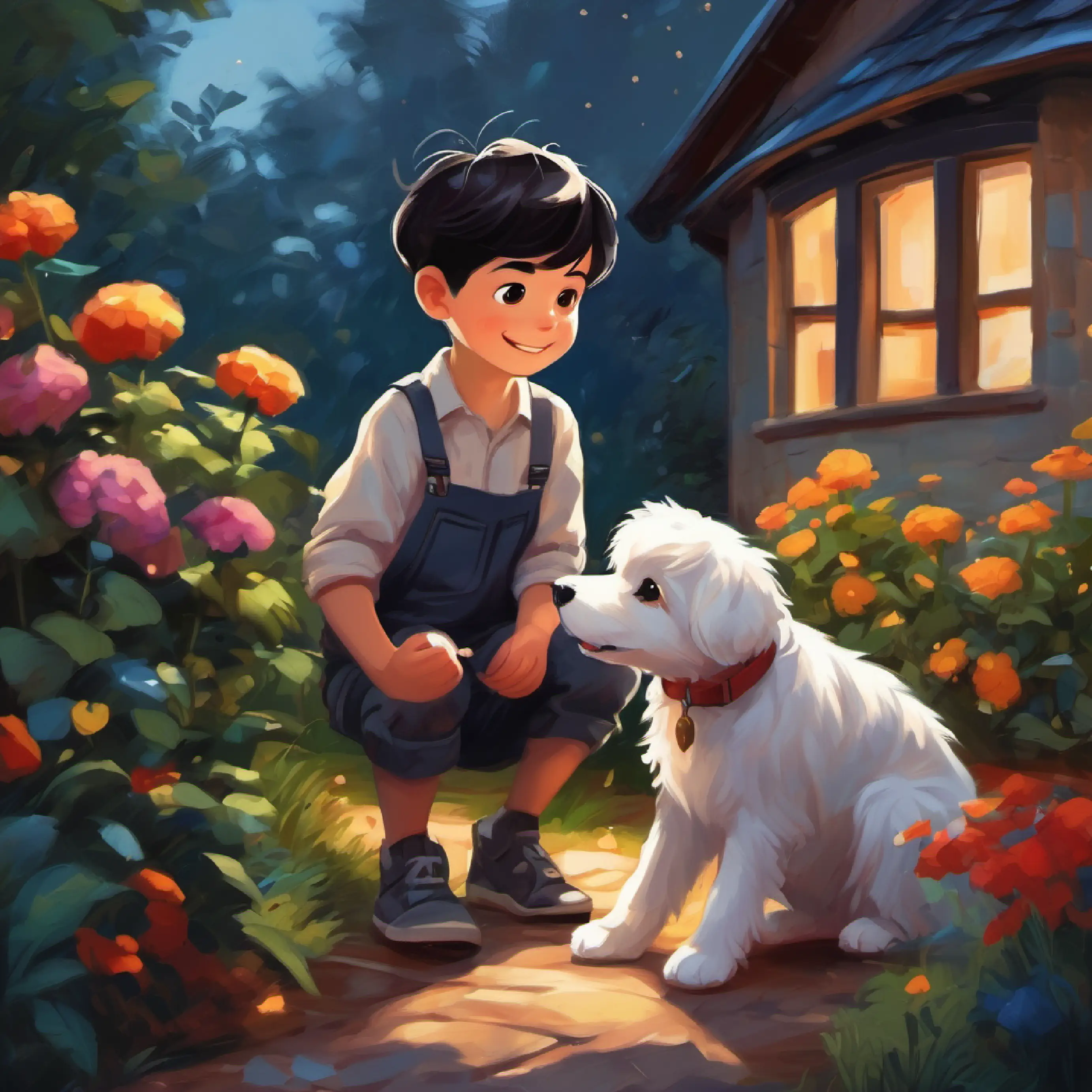 Dark-haired, dark-eyed boy, cute as a button playing with Fluffy dog, playful companion to Dark-haired, dark-eyed boy, cute as a button in the garden