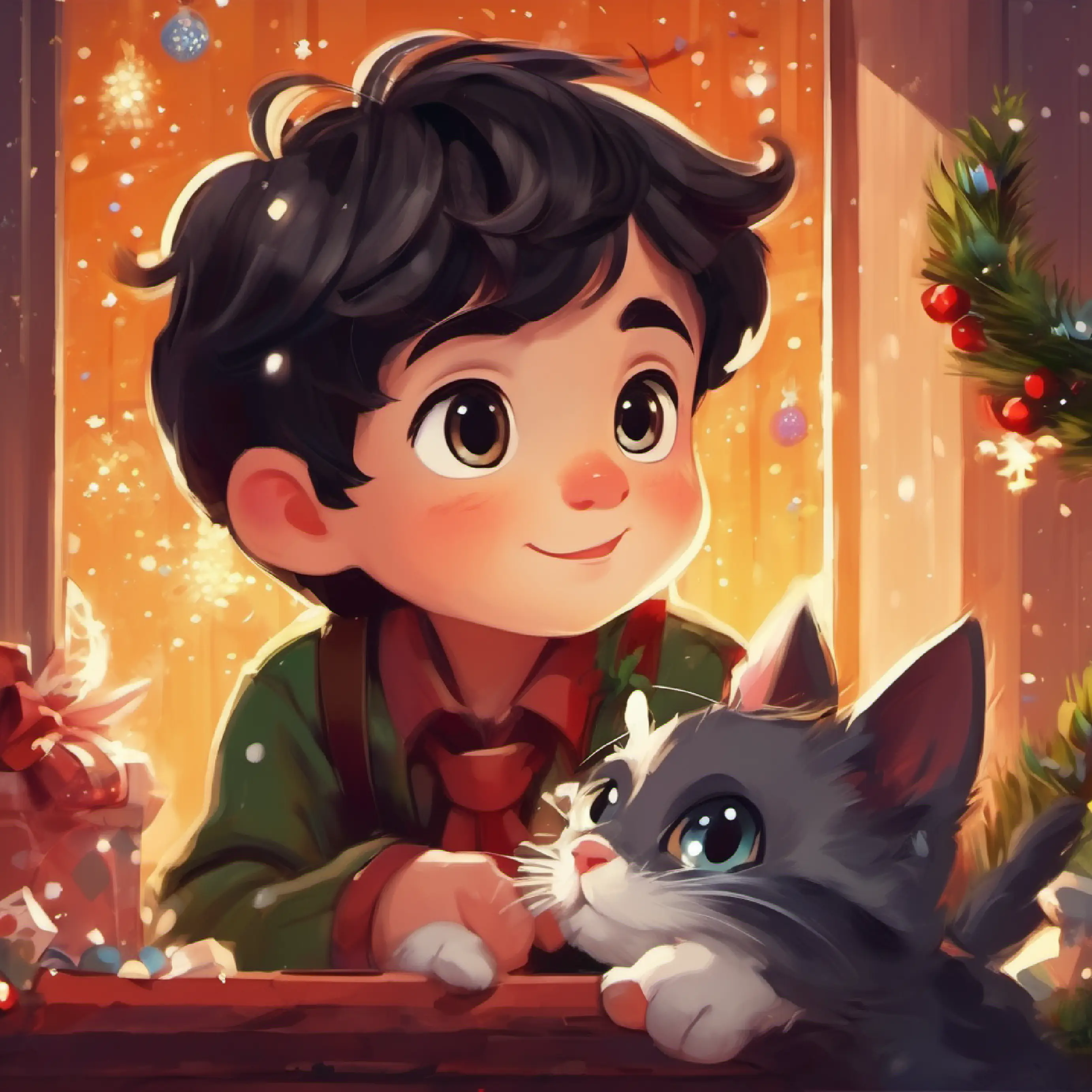 Dark-haired, dark-eyed boy, cute as a button finds a kitten, acts kindly
