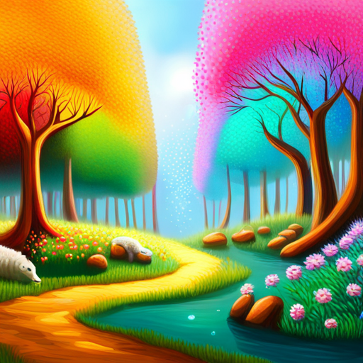 Colorful trees with glowing flowers Animals playing happily