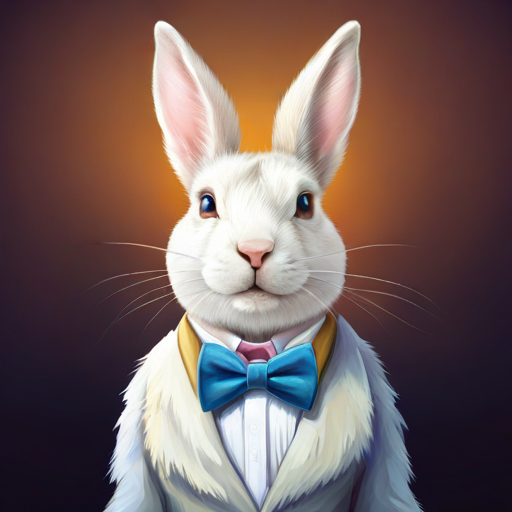 Talkative rabbit with white fur and blue bowtie., a white rabbit with a blue bowtie