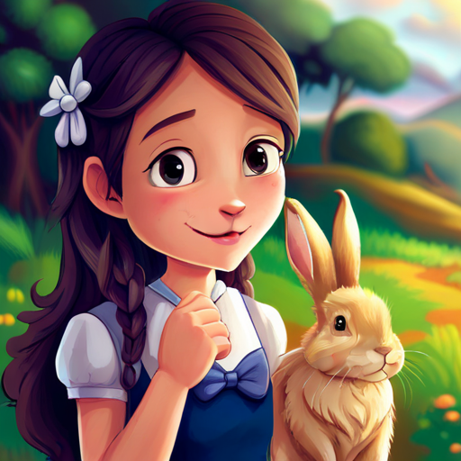 Brave girl with purple dress and curious smile. and Talkative rabbit with white fur and blue bowtie. smiling with newfound confidence and joy