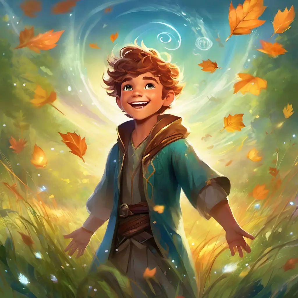 Brave, 8-year-old boy with a joyful smile and twinkling eyes standing in a meadow, with his arms raised, surrounded by swirling air and floating leaves.