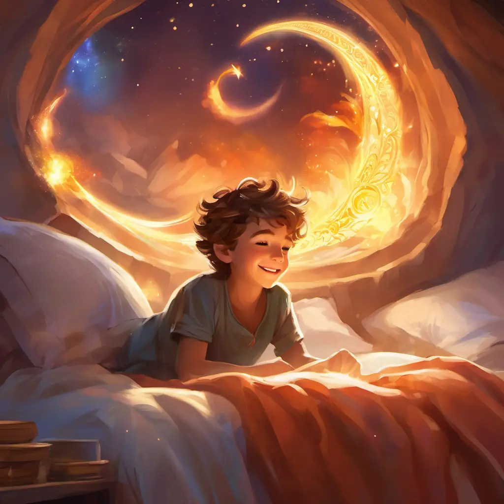Brave, 8-year-old boy with a joyful smile and twinkling eyes peacefully sleeping in his cozy bed, surrounded by the elements he can bend - air, water, fire, and earth.