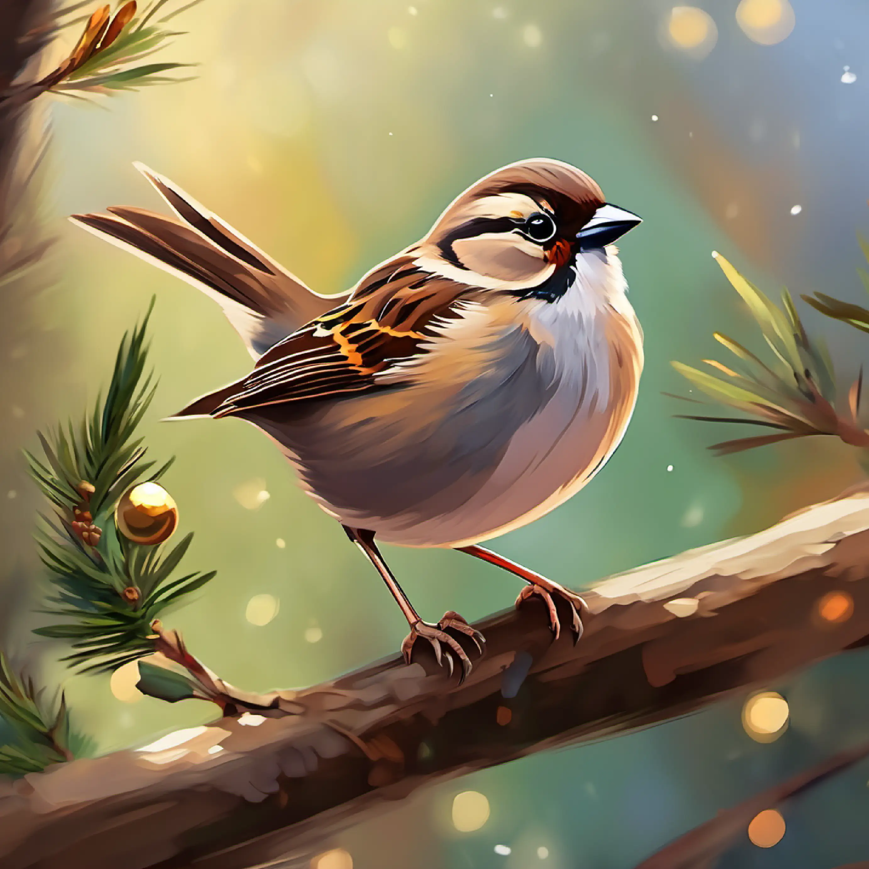 Introducing Small sparrow, brown feathers, bright eyes the sparrow, Meadowfield setting