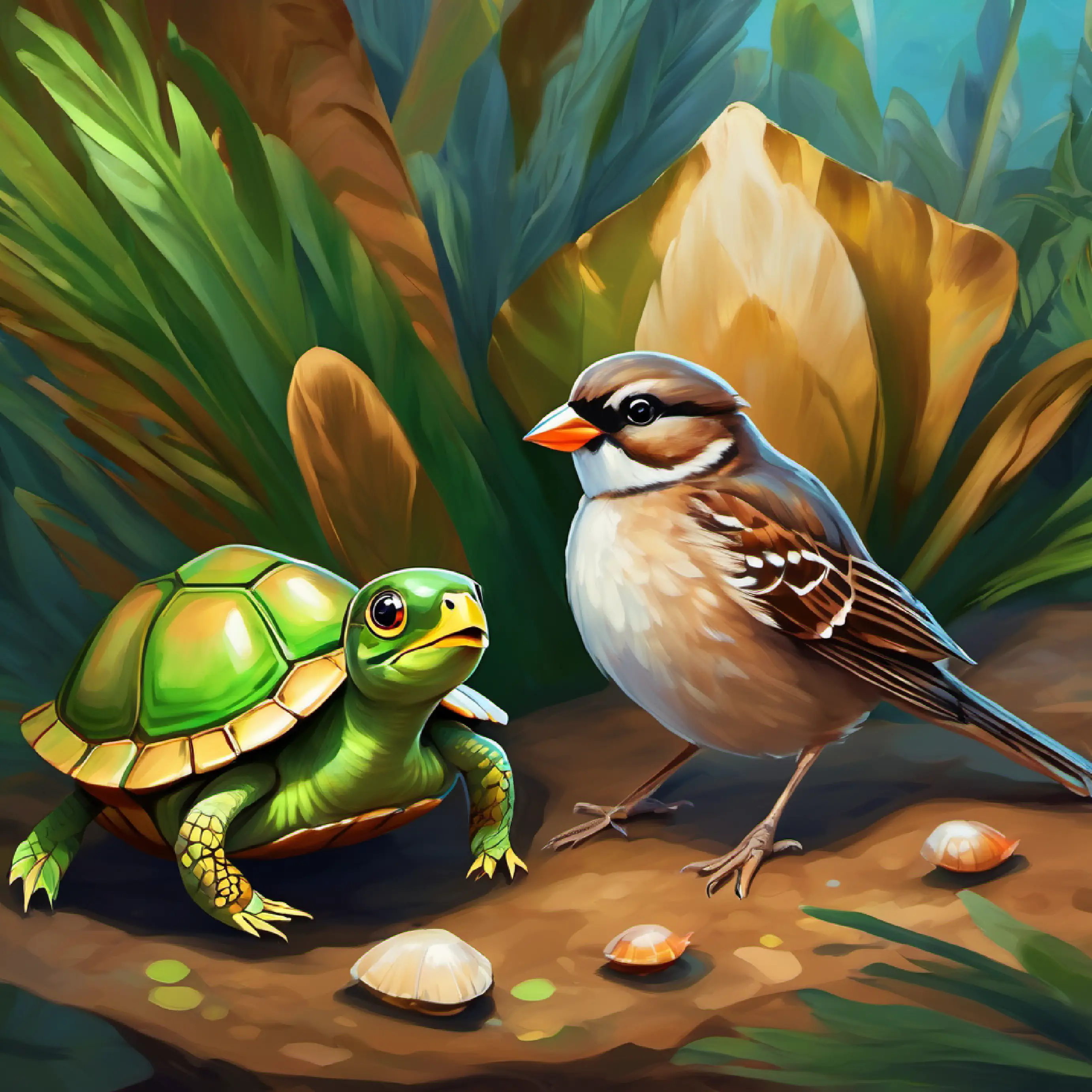 Small sparrow, brown feathers, bright eyes talks to Green turtle, wise eyes, brown shell, discovers his problem