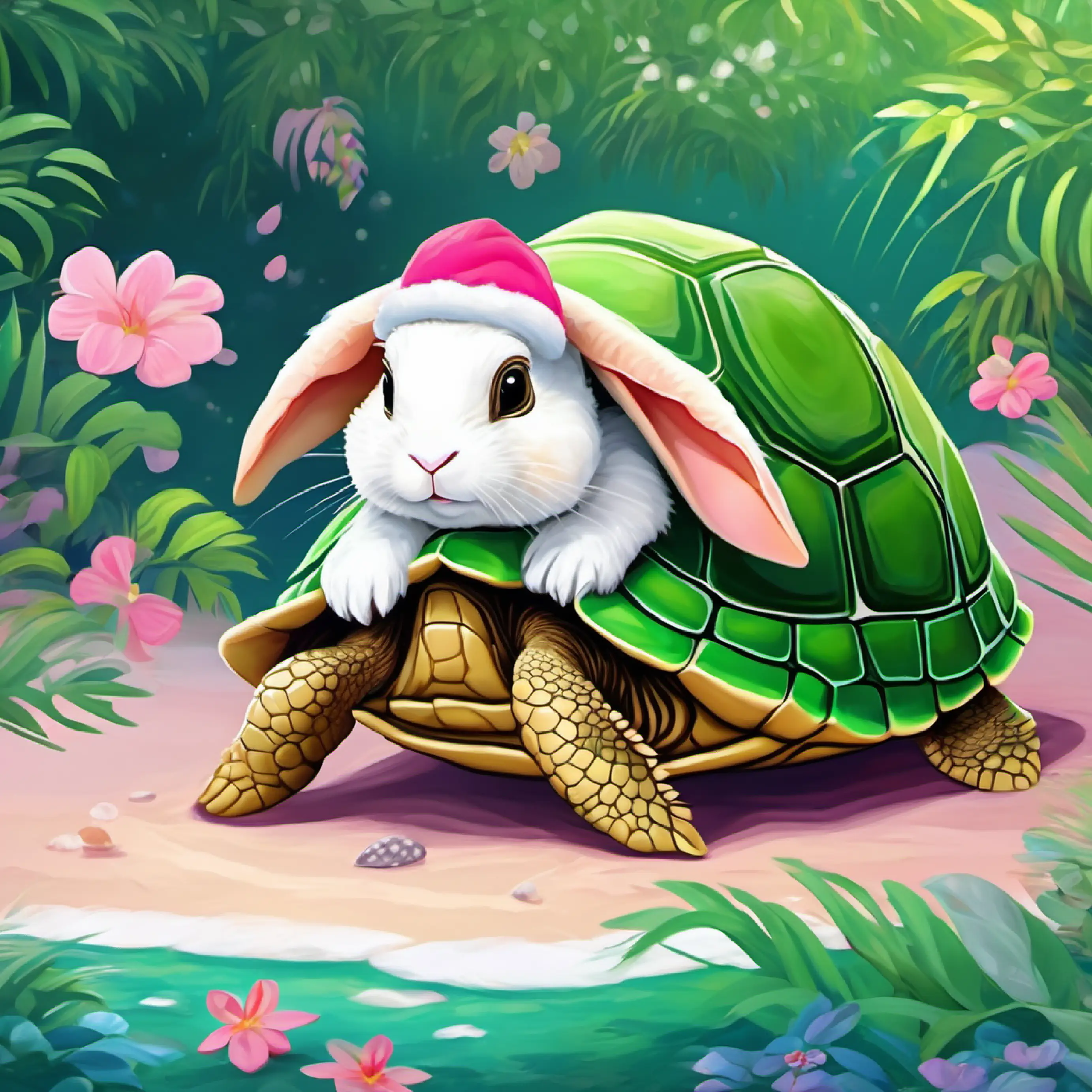 Green turtle, wise eyes, brown shell's burrow is rebuilt; Bashful rabbit, white fur, soft pink nose's foot healed