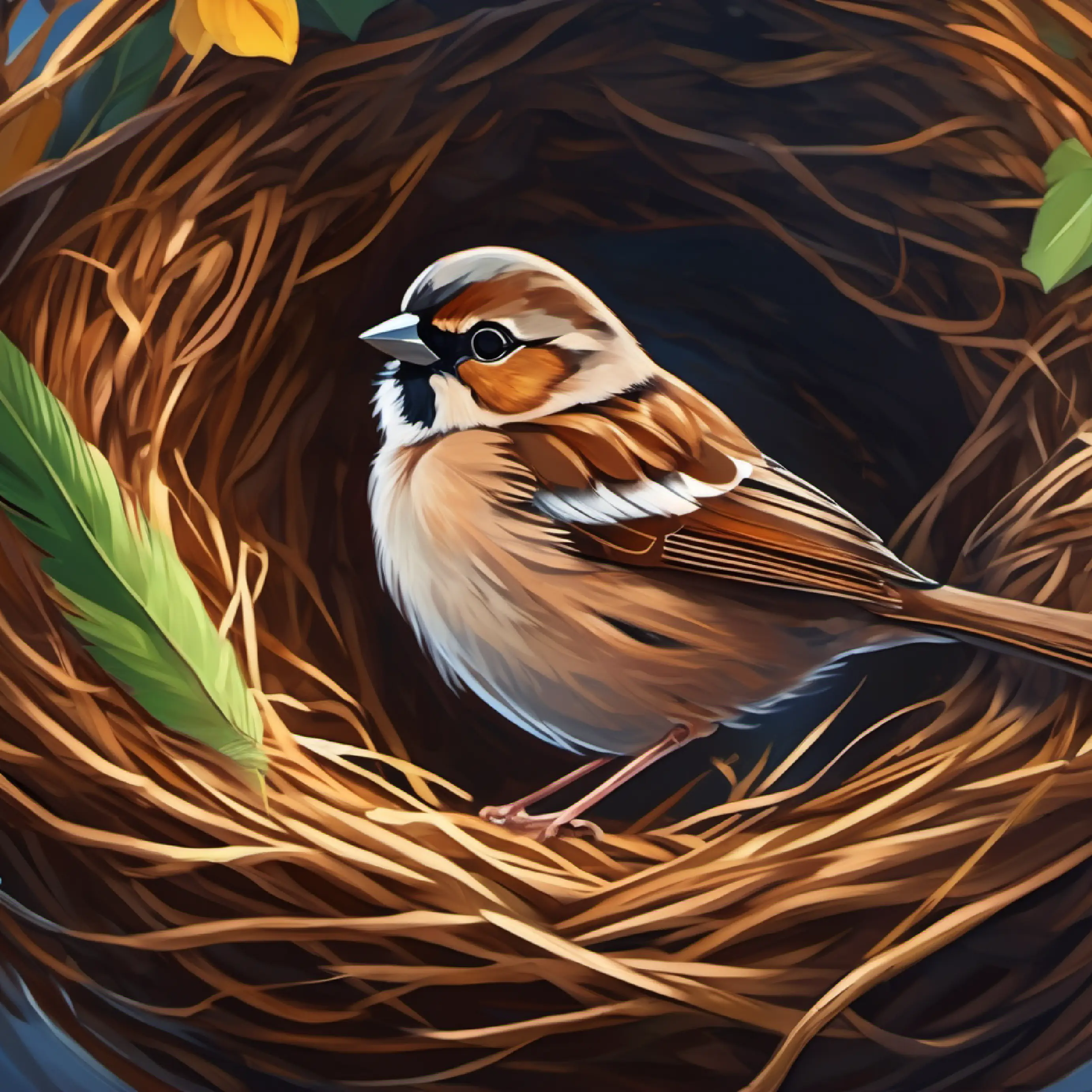 Small sparrow, brown feathers, bright eyes makes room in her nest