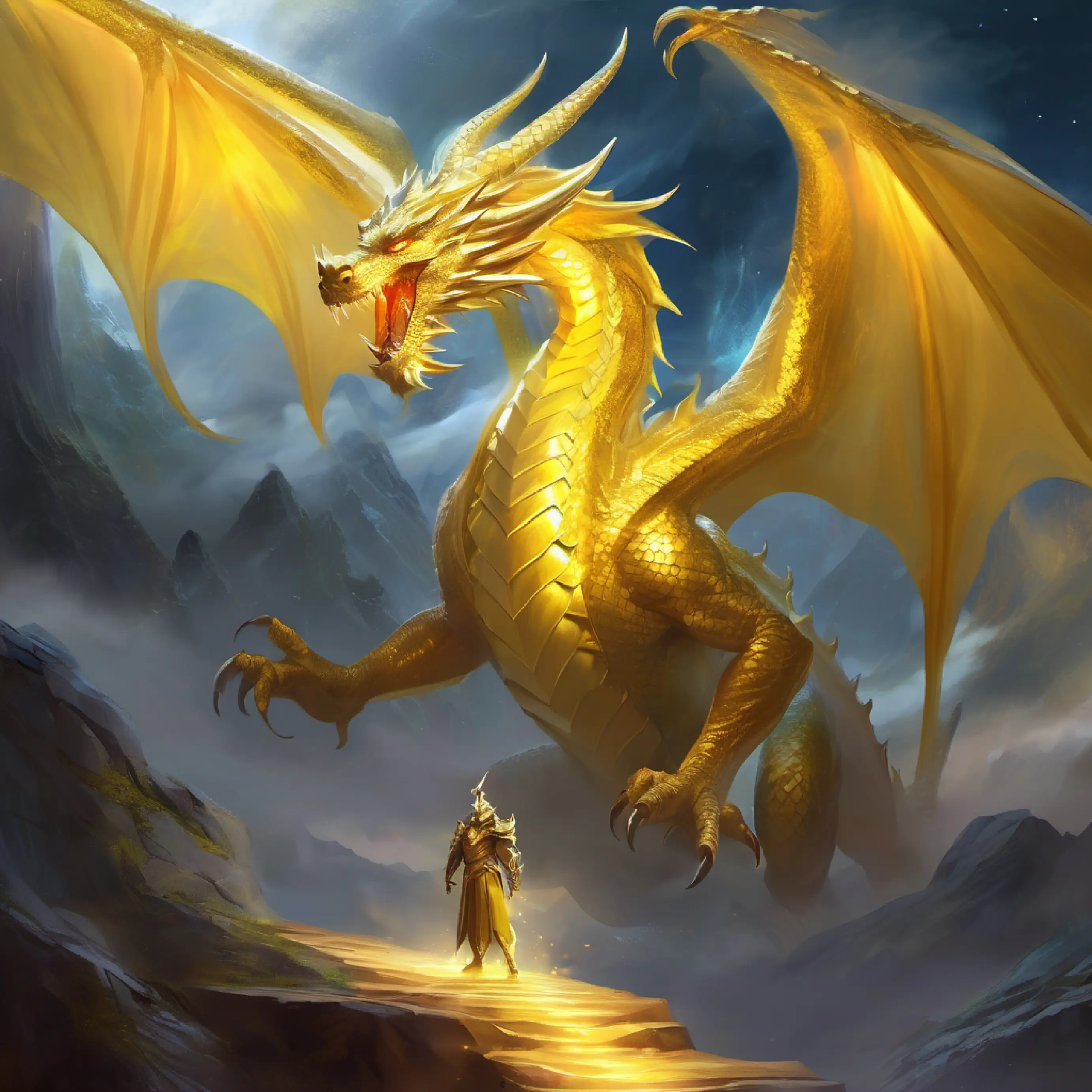 Introduction of the antagonist, Gigantic dragon with shimmering scales and piercing yellow eyes, and the setting