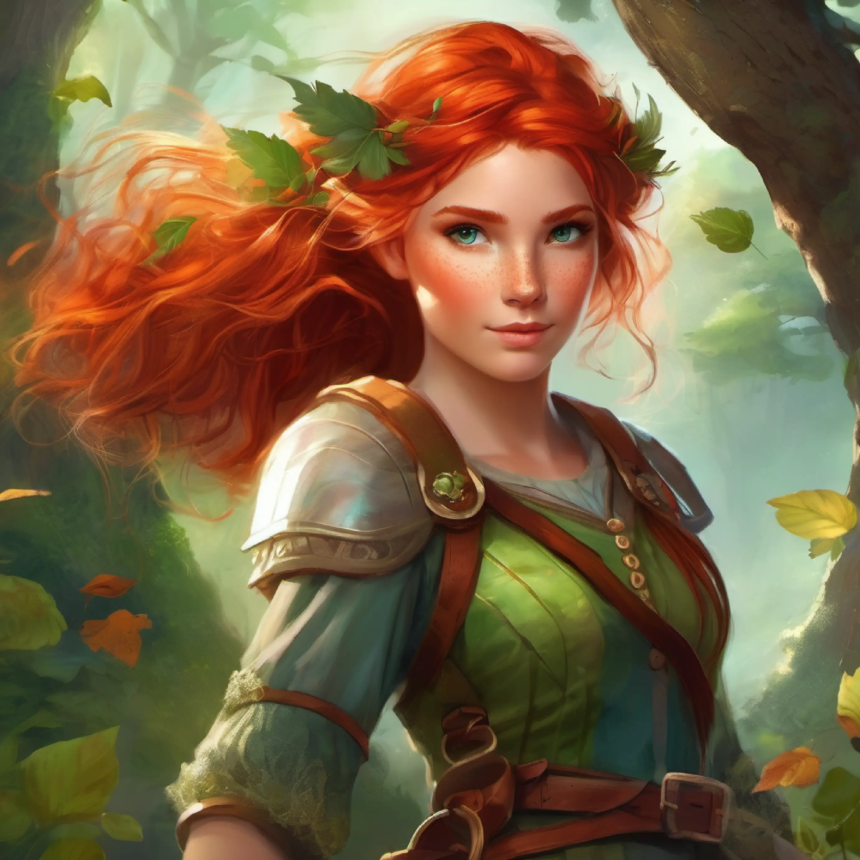 Brave girl with freckles, green eyes, and wild red hair preparing for her adventure with Mischievous squirrel with bushy tail and bright, beady eyes