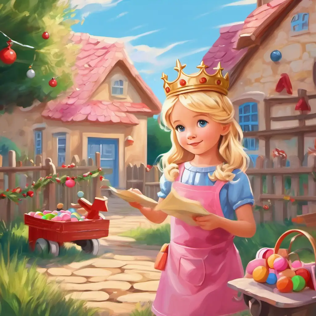 Small, blond girl with blue eyes, pink apron, and paper crown, a small blond girl, plays with her toys in the yard on a sunny day.