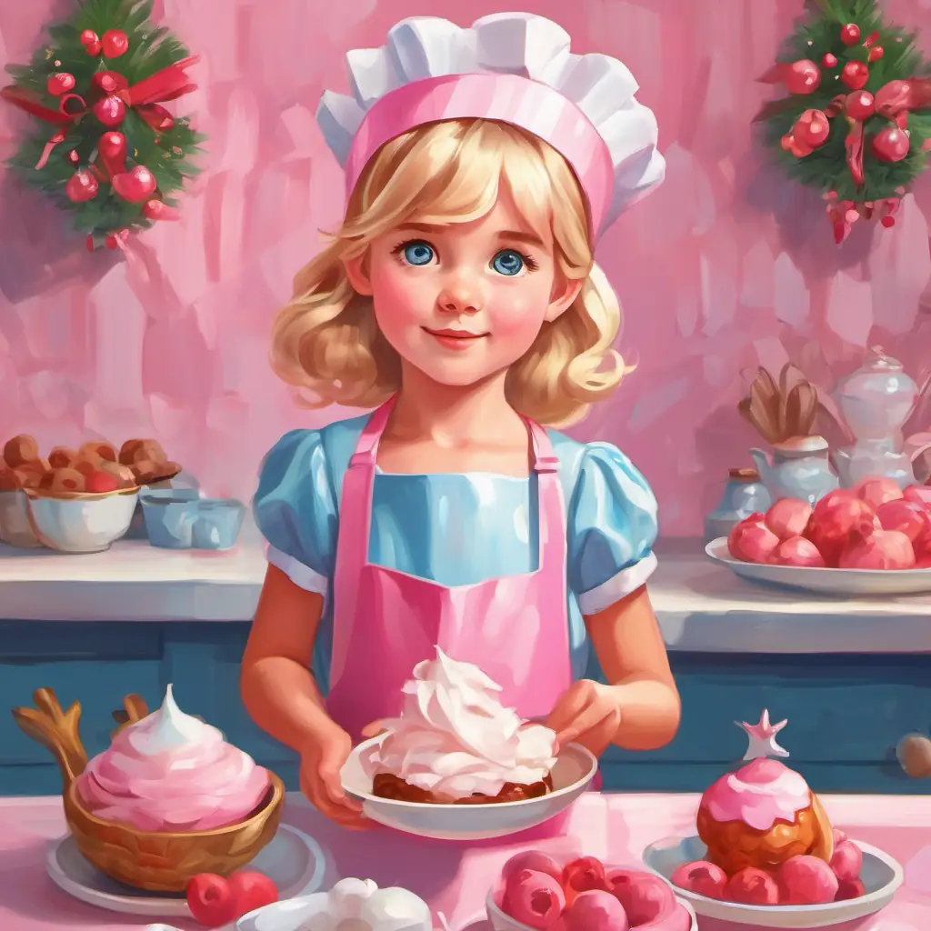 Small, blond girl with blue eyes, pink apron, and paper crown wears a pink apron and a paper crown, pretending to be an ice cream seller.