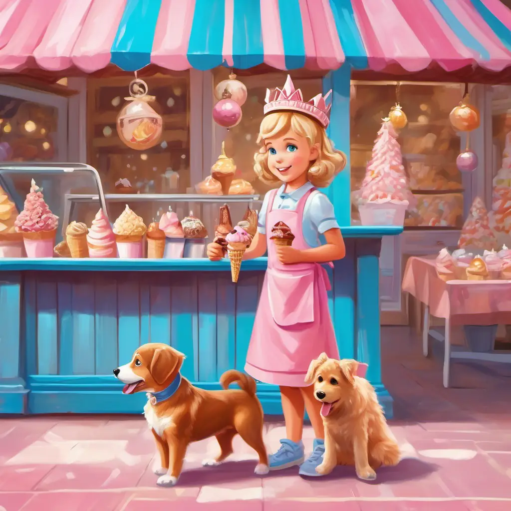 Small, blond girl with blue eyes, pink apron, and paper crown's dog, Friendly brown dog with wagging tail, sniffs around the ice cream stand as Small, blond girl with blue eyes, pink apron, and paper crown giggles.