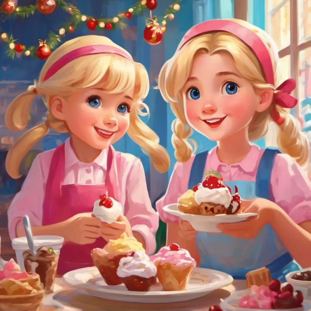 Small, blond girl with blue eyes, pink apron, and paper crown's friends arrive for a 'banana split,' and she pretends to serve them ice cream.