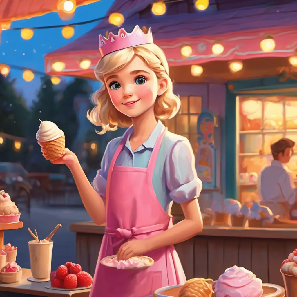 As the sun sets, Small, blond girl with blue eyes, pink apron, and paper crown closes her ice cream stand and waves goodbye to her friends.