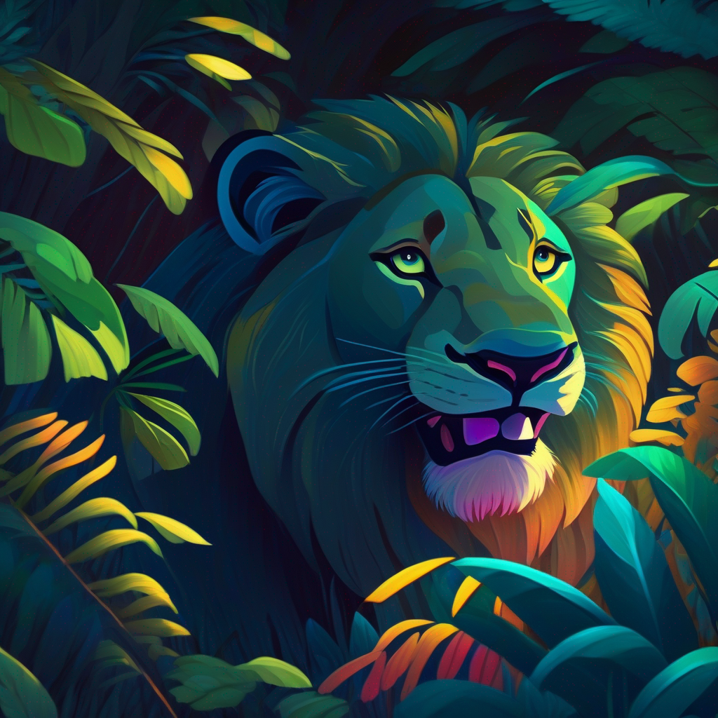 Friendly lion appears, jungle at night, happy colors