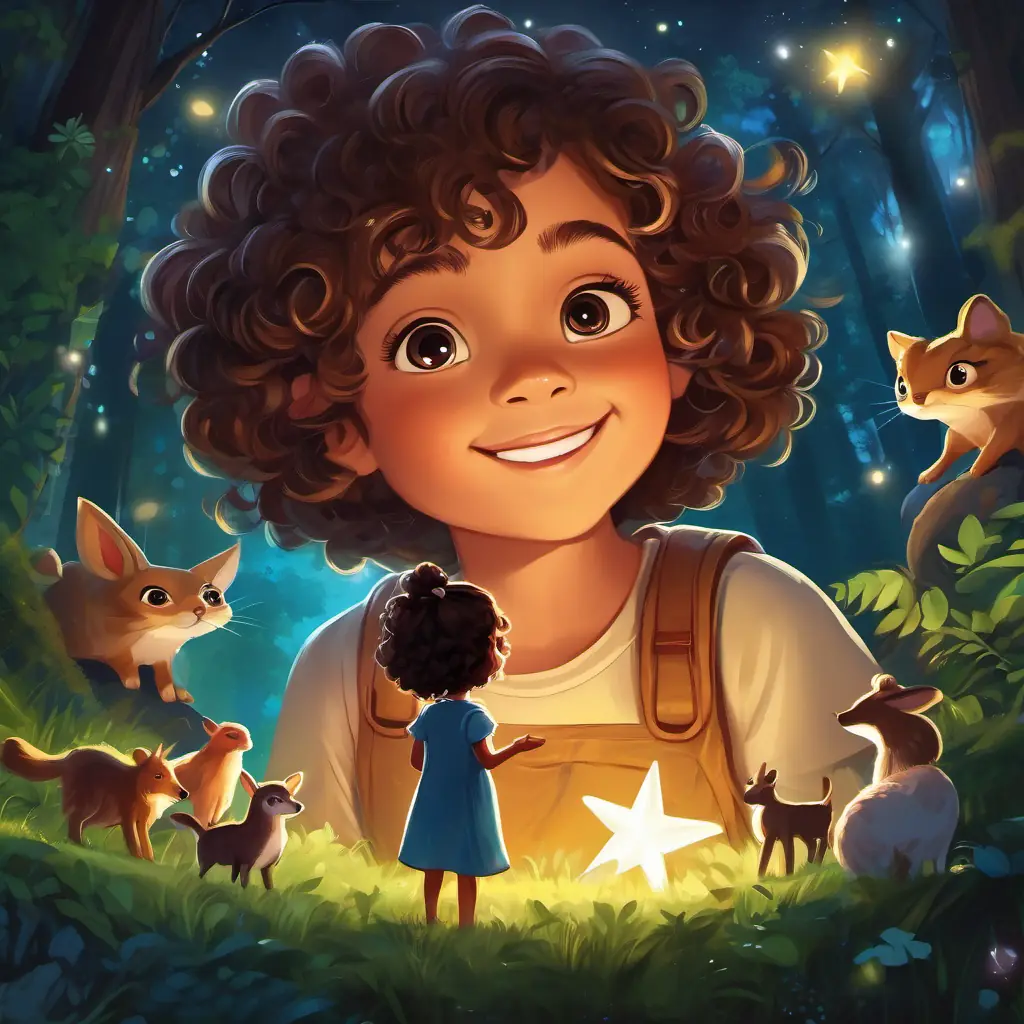Curly-haired girl with sparkly eyes and a big smile and Shining star with a twinkle in its eye meeting talking animals and exploring a magical forest