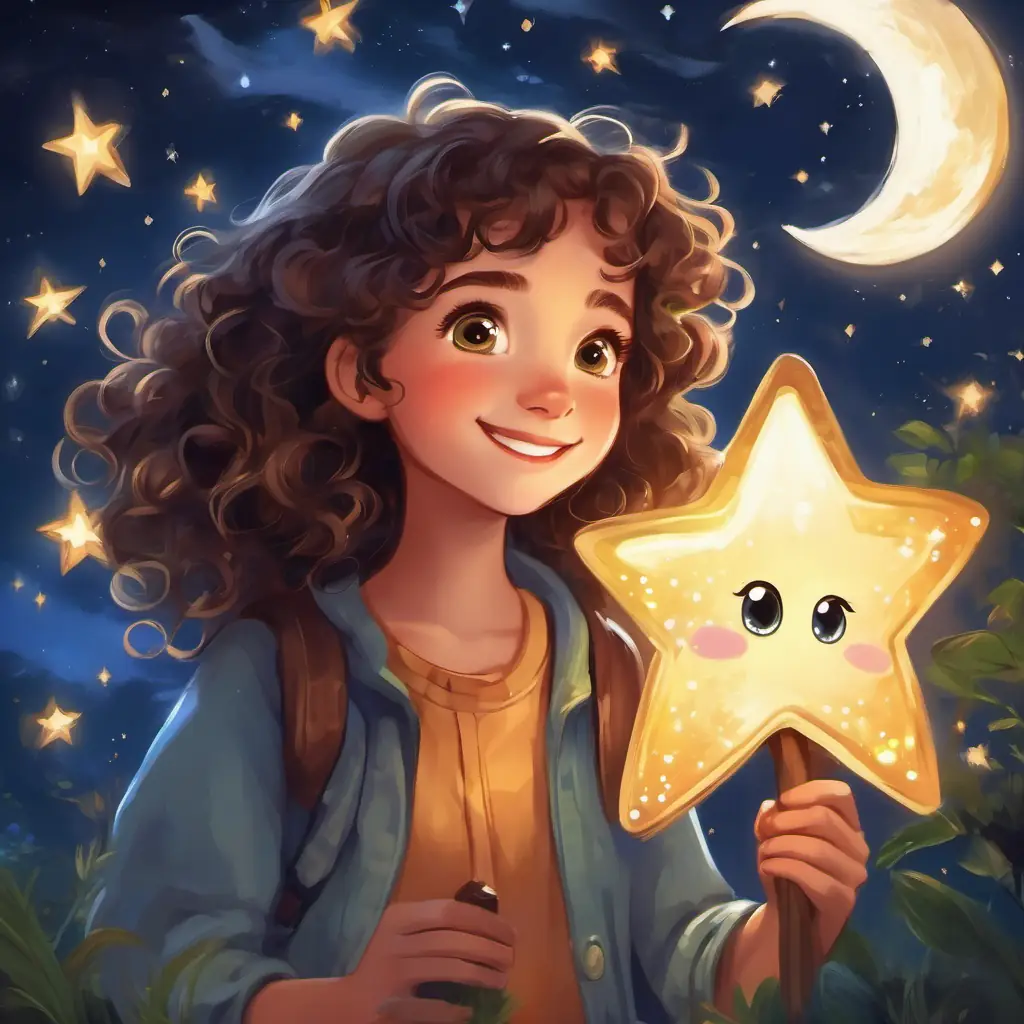 Curly-haired girl with sparkly eyes and a big smile and Shining star with a twinkle in its eye reading moonlit stories and sharing their adventures