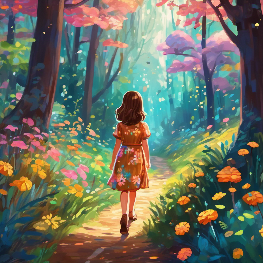 Curious girl with brown hair, wearing a floral dress. walking through a colorful and sparkly forest