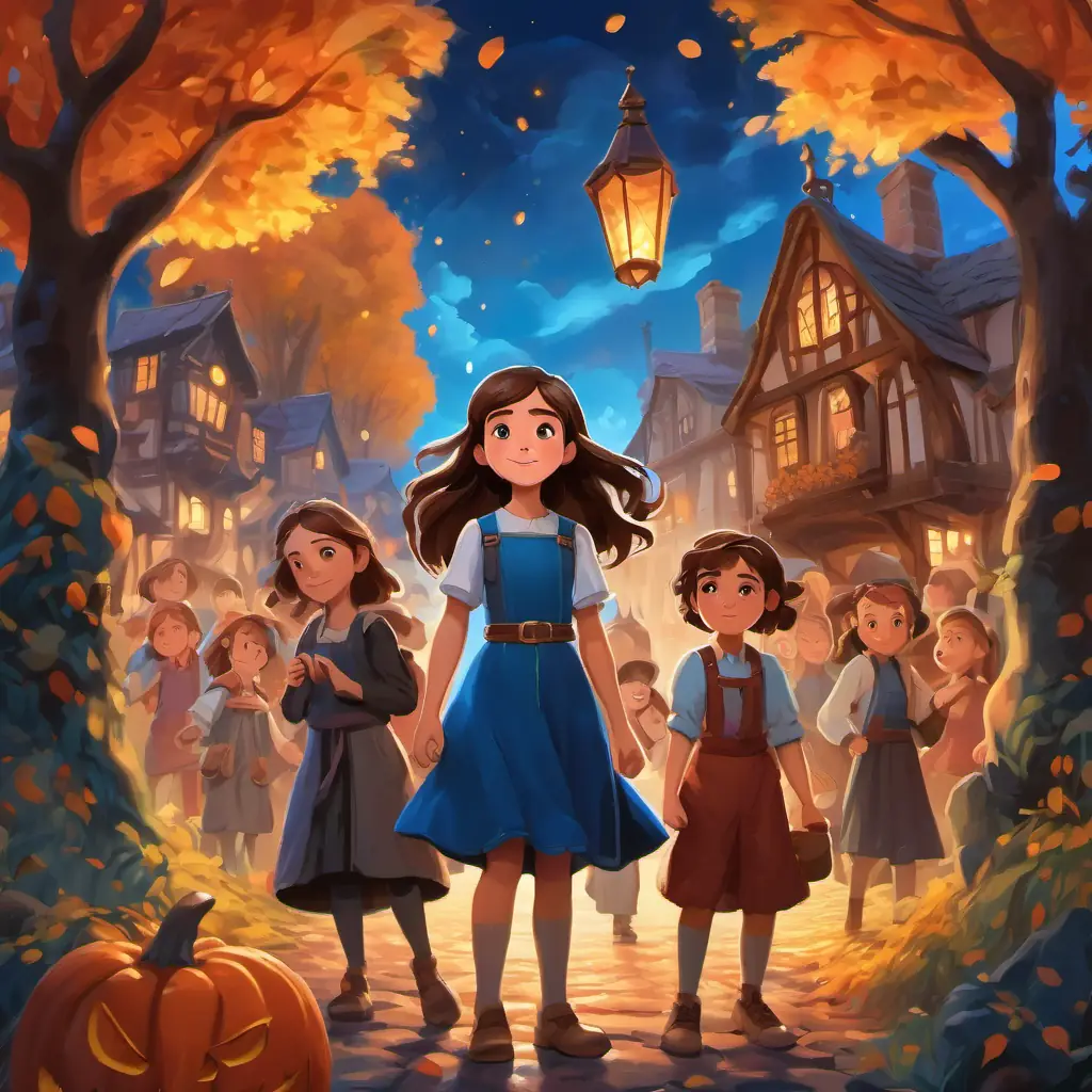 Brave young girl with determination, brown hair, and bright blue eyes and her magical companions standing triumphantly in Bloomville, surrounded by celebrating villagers.