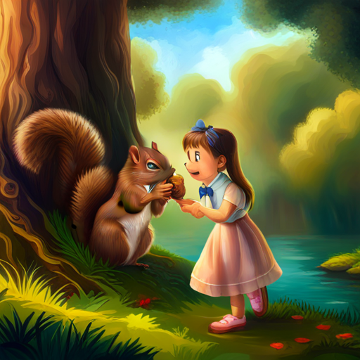 Brown-haired girl wearing a pink dress and blue shoes and Talking squirrel with brown fur and a red bowtie rejoicing over the found acorn