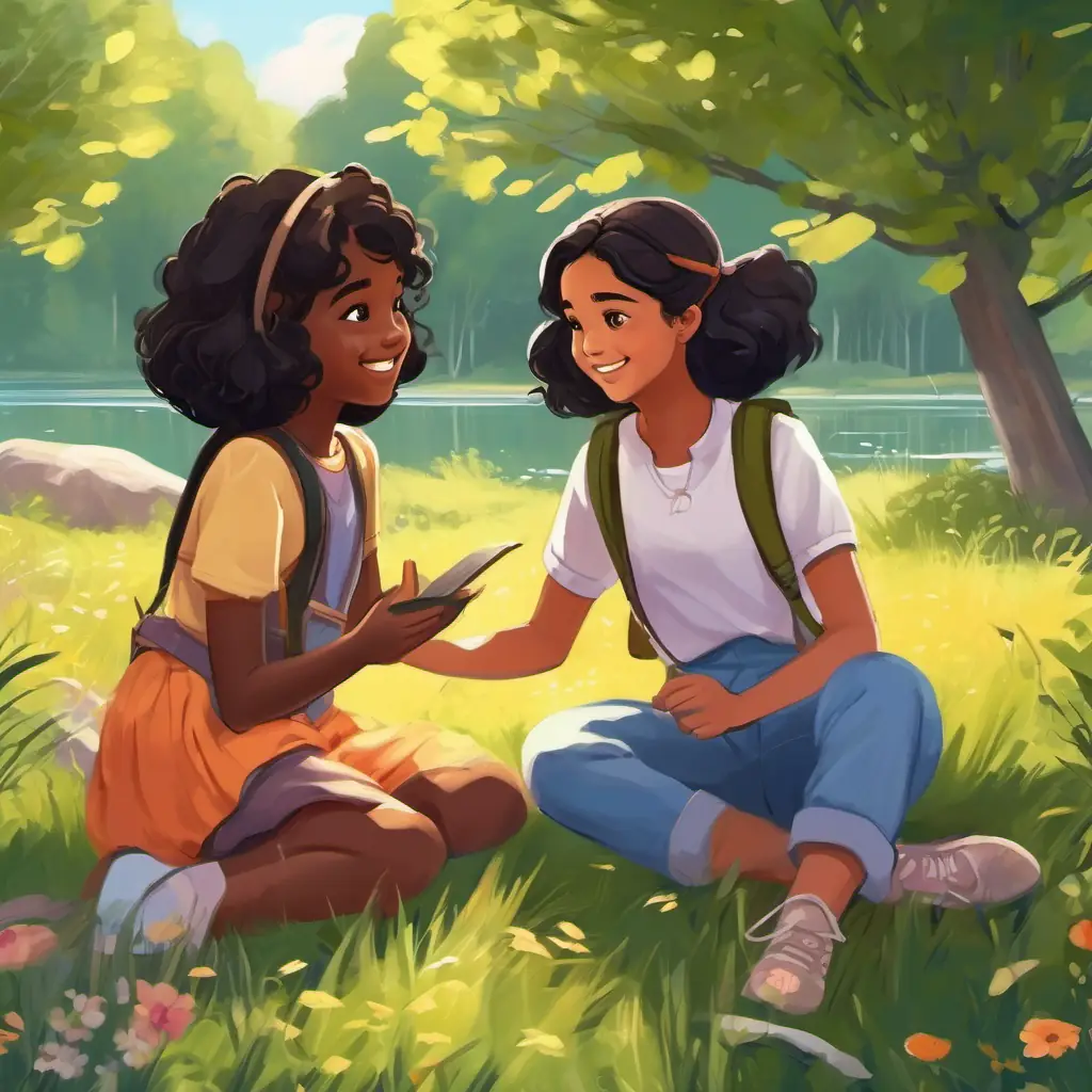 Autistic girl with black hair and a contagious smile and Kind-hearted girl with beautiful dark skin enjoy various activities like exploring meadows, climbing trees, and having picnics by the lake. Their friendship is built on understanding and shared experiences.