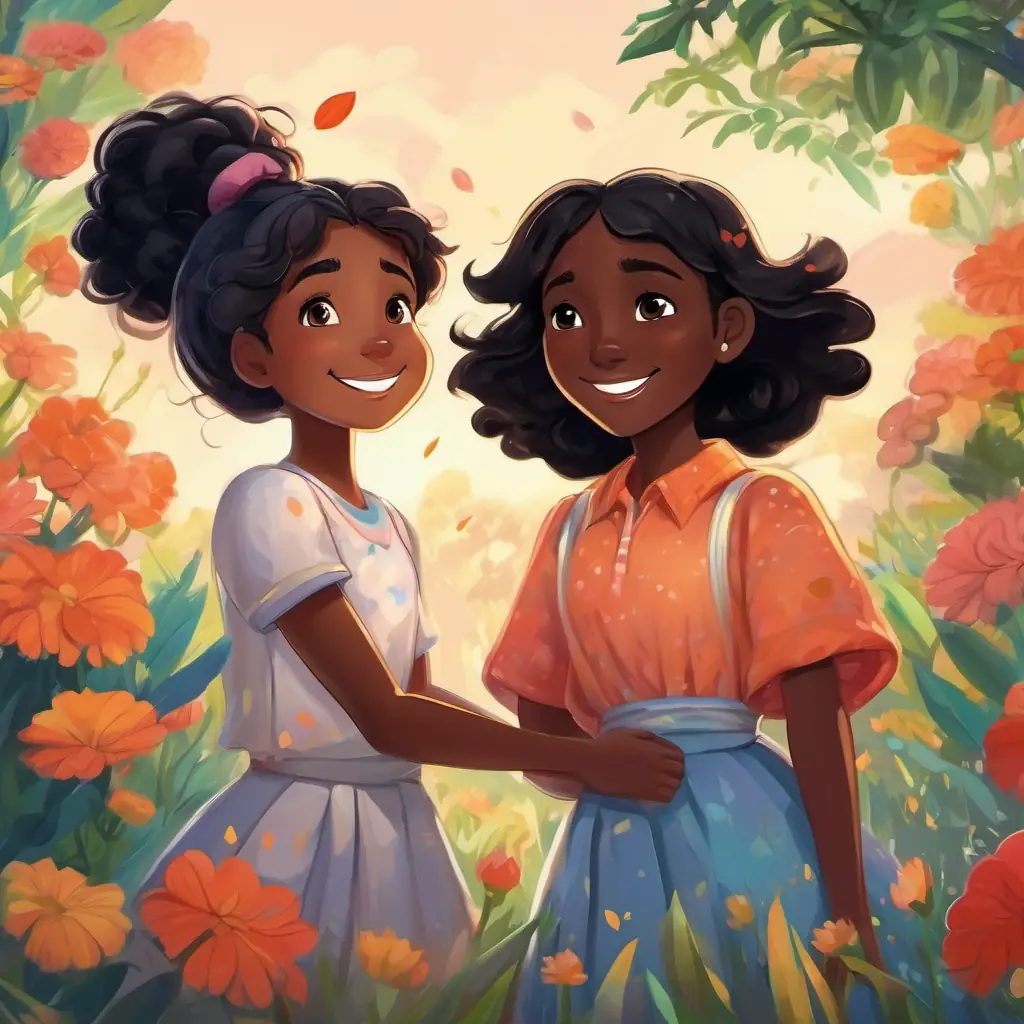 Autistic girl with black hair and a contagious smile and Kind-hearted girl with beautiful dark skin's extraordinary friendship becomes a legend, spreading the message of celebrating differences and embracing true friendship.