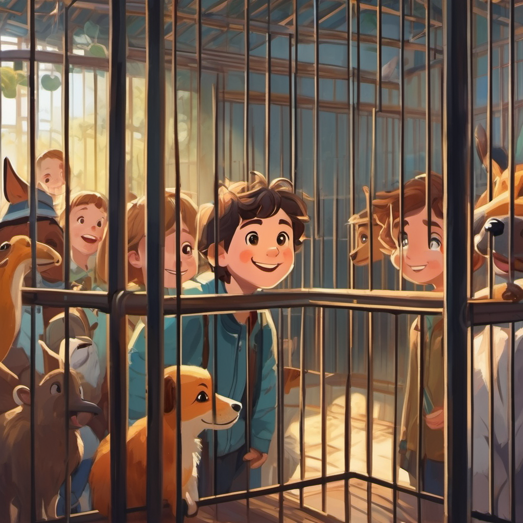 A brave boy with a friendly smile and his classmates looking at animals in cages