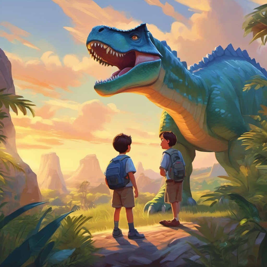 A brave boy with a friendly smile gazing at A massive dinosaur protecting his friends and his friends, all of them peaceful