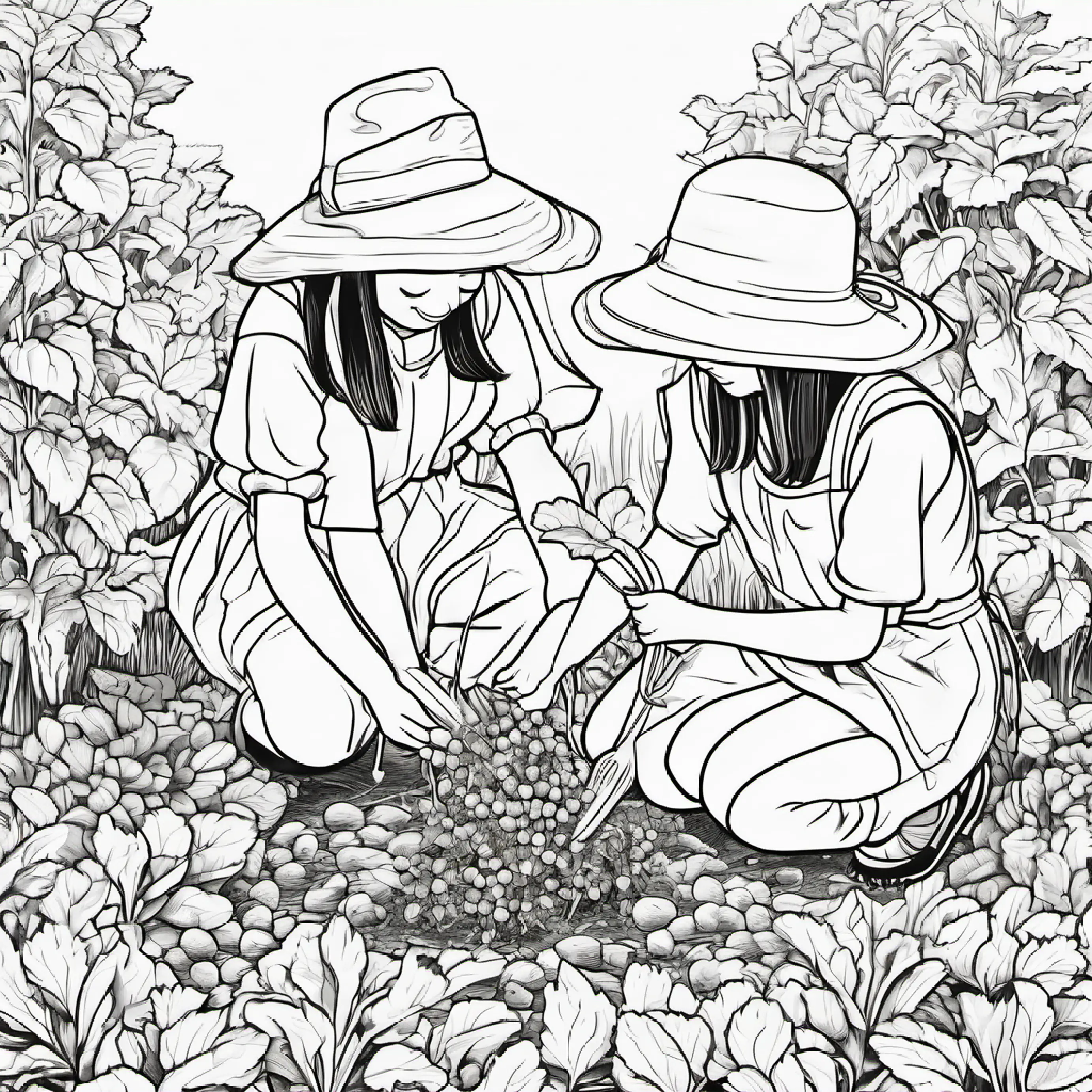 The girls prepare to plant radishes, enjoying teamwork.