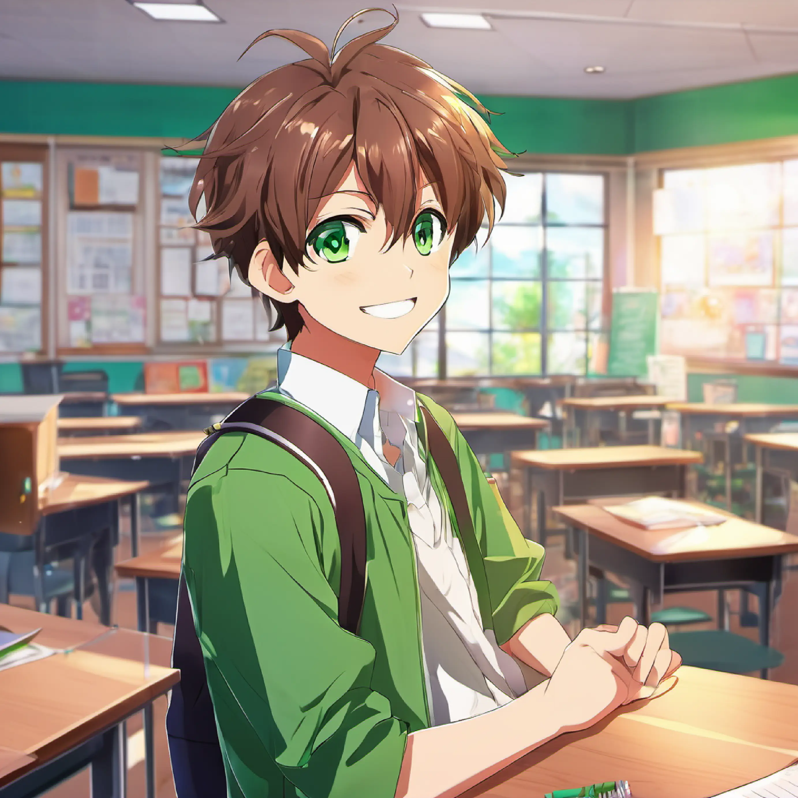 Classroom, end of day, Energetic boy, brown hair, green eyes, always smiling happy