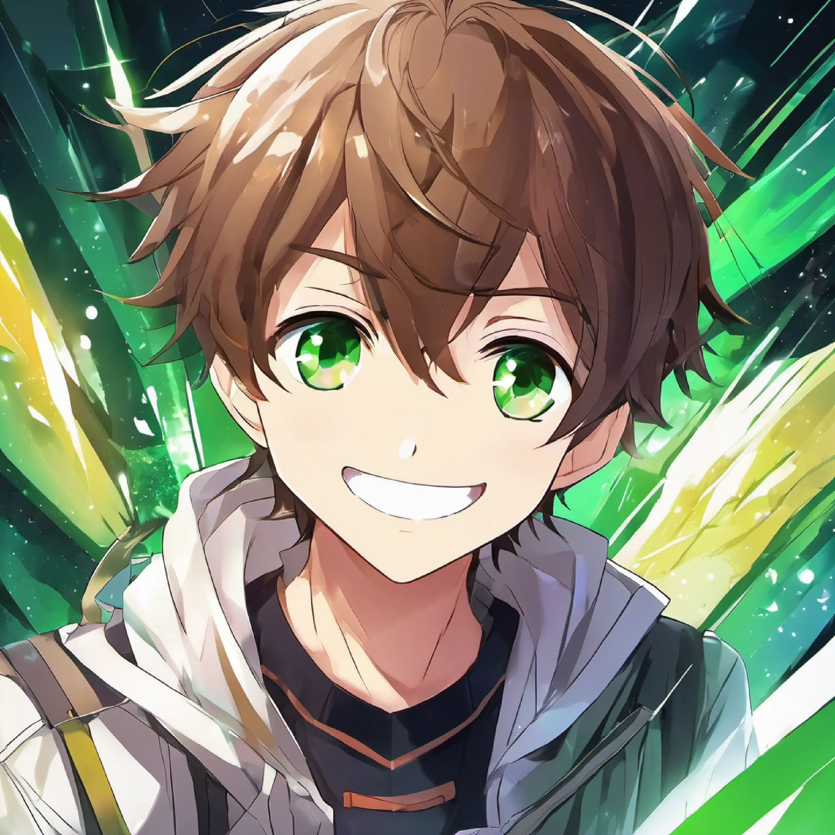 Energetic boy, brown hair, green eyes, always smiling's home, sharing stories, excited for tomorrow