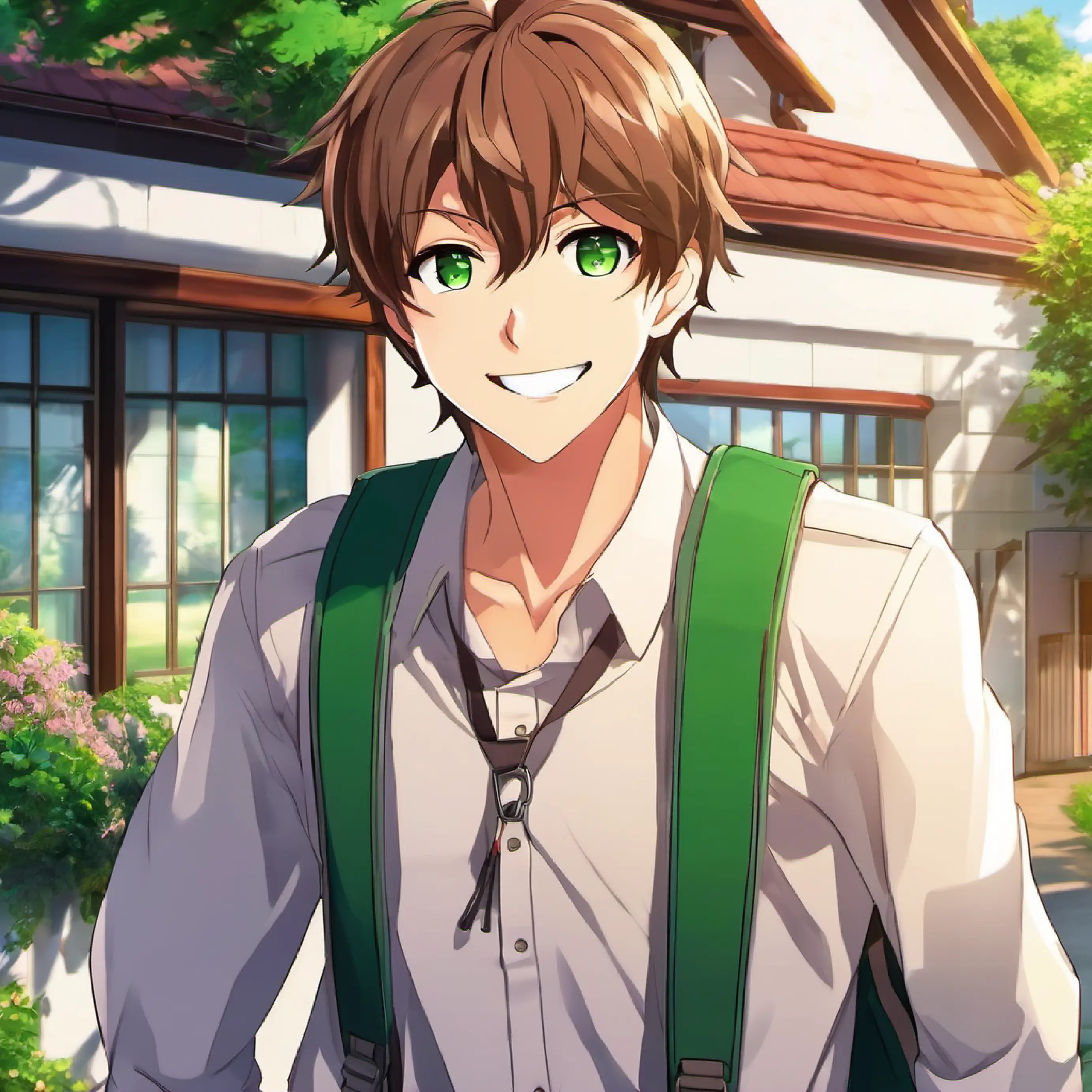 Outside the house, Energetic boy, brown hair, green eyes, always smiling leaving for school