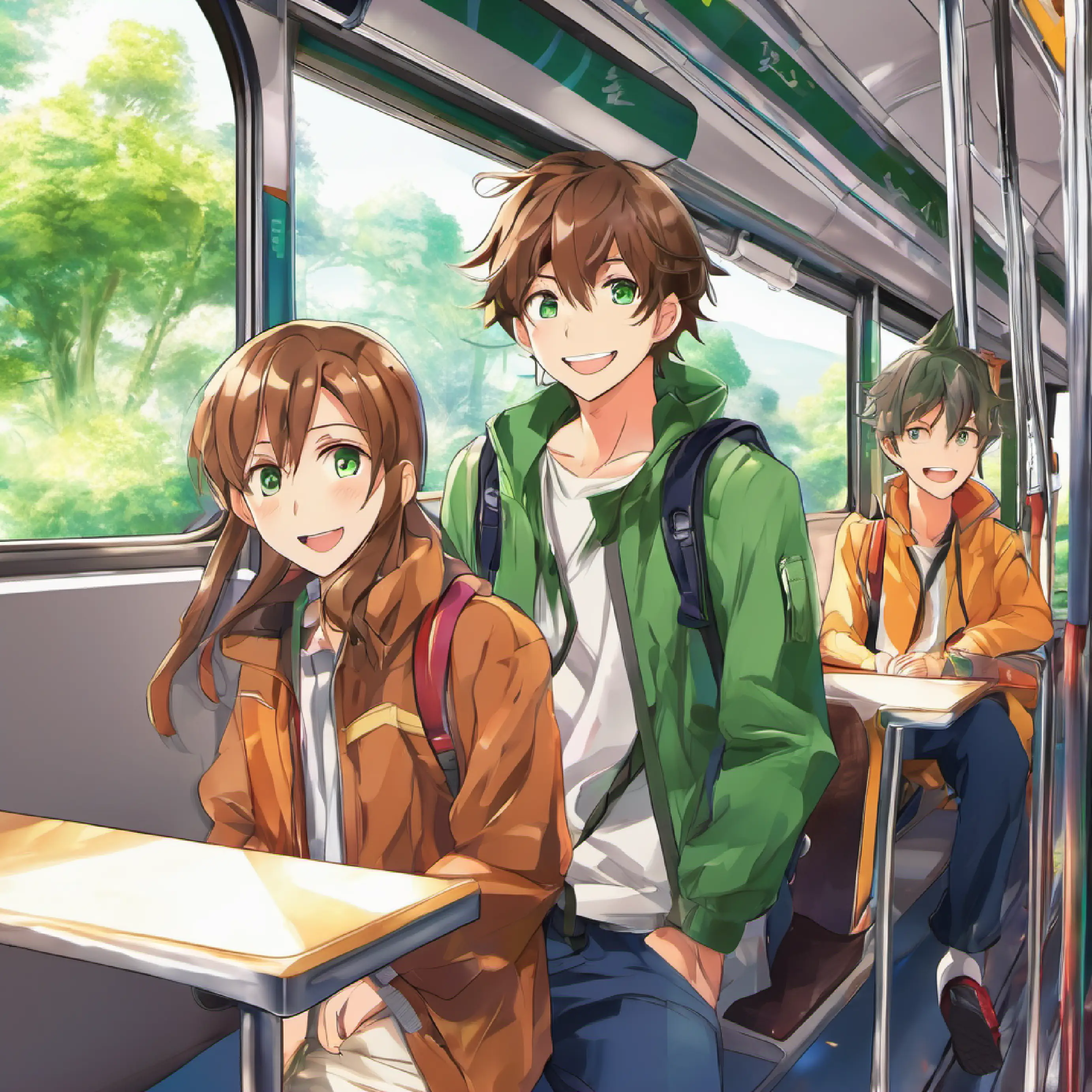 On the bus, Energetic boy, brown hair, green eyes, always smiling sitting, friends entering