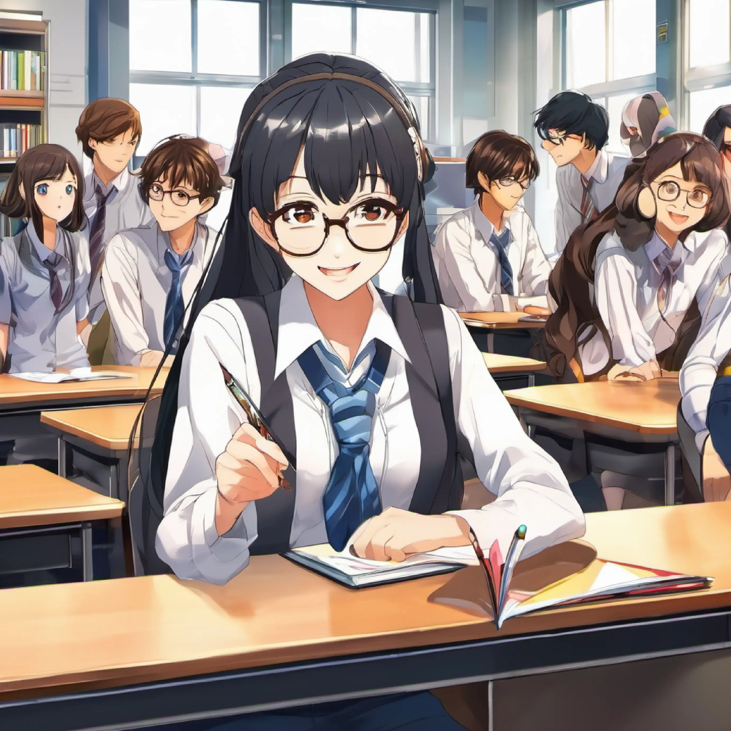 Classroom, morning greet, Friendly teacher, black hair, glasses, warm smile and students