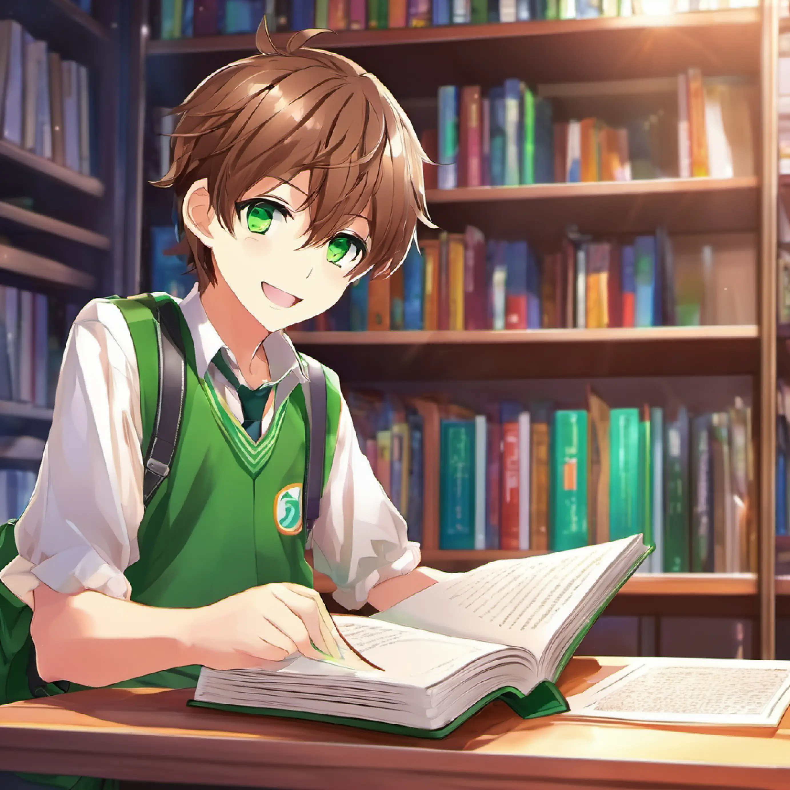 Classroom, reading time, Energetic boy, brown hair, green eyes, always smiling with a book