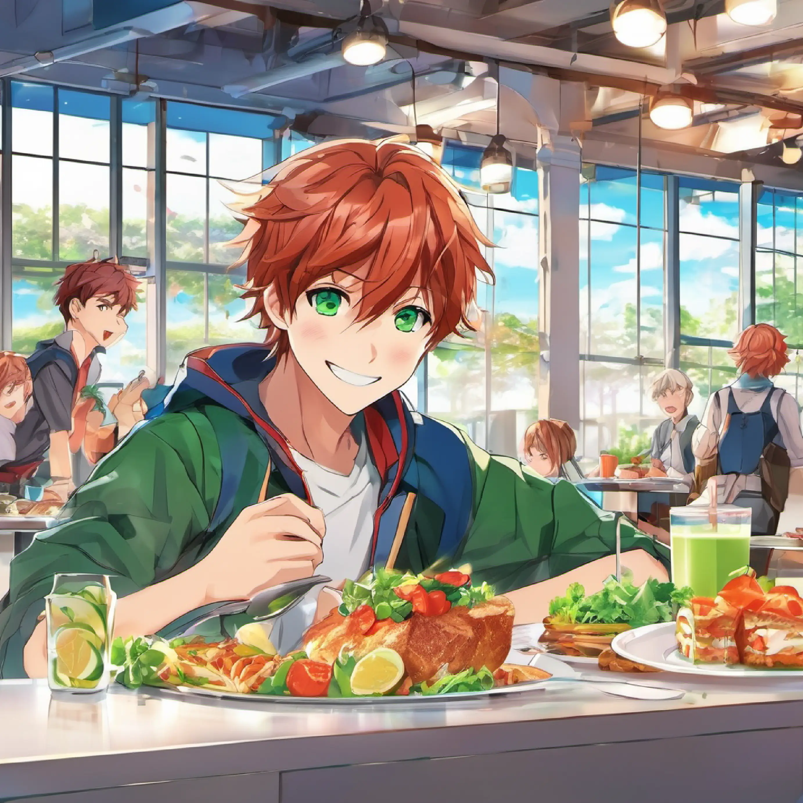 Cafeteria, lunchtime, Energetic boy, brown hair, green eyes, always smiling and Max's best friend, short red hair, freckles, blue eyes eating