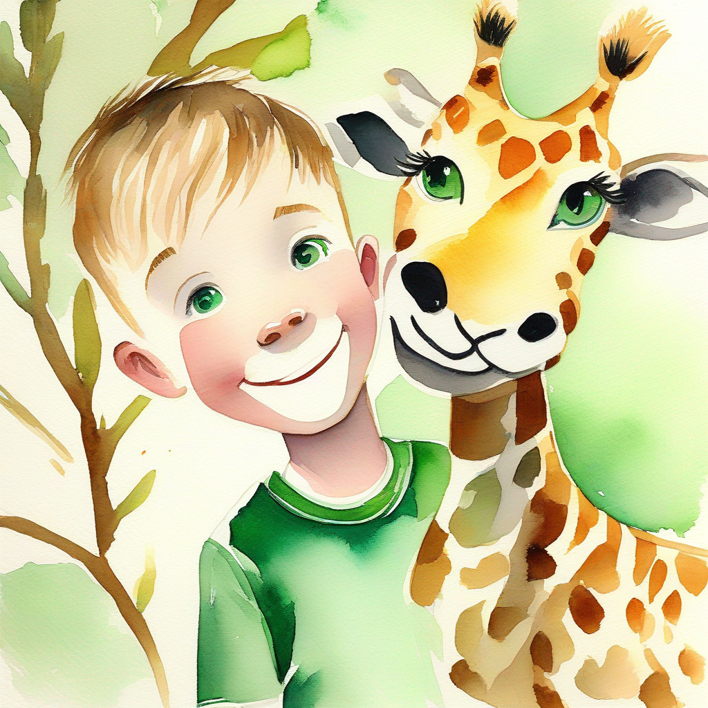 Akin - Boy with emerald green eyes, always wearing a smile with green eyes playing with cat and giraffe on trampoline