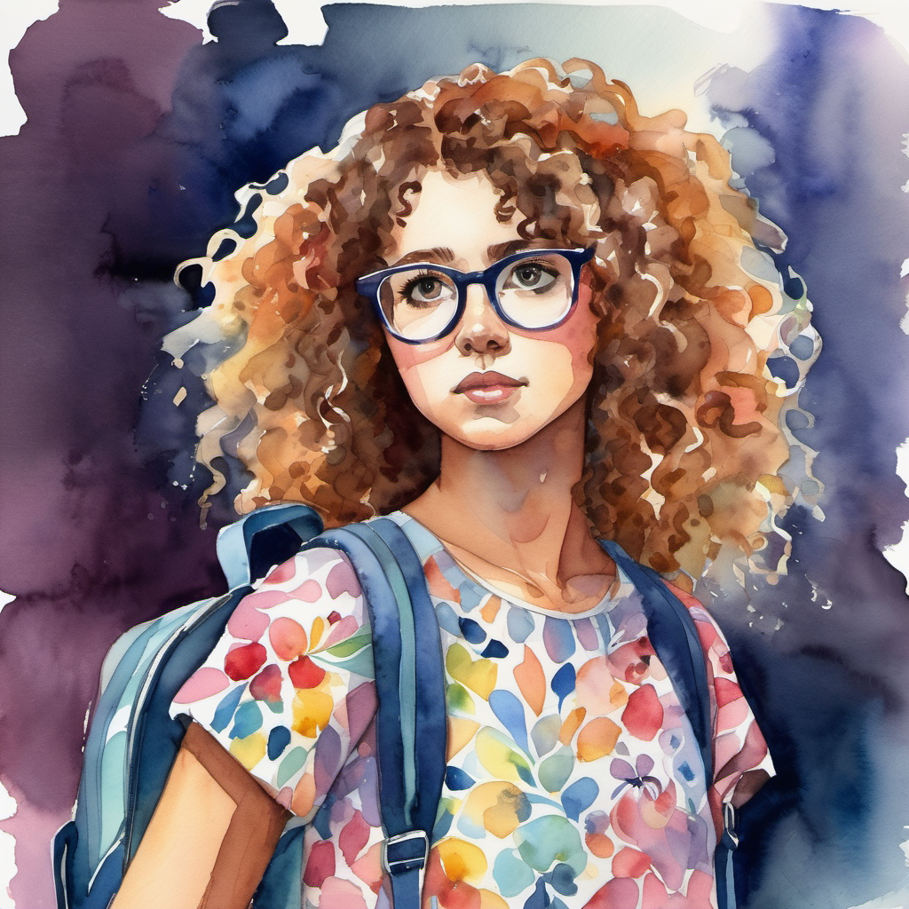 Curly-haired girl with glasses, wearing a colorful dress holding a backpack and looking a bit worried