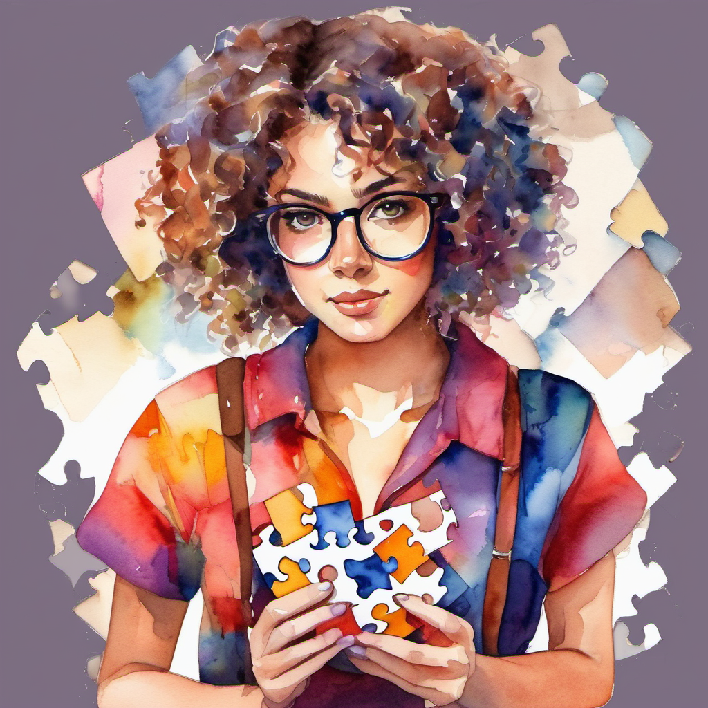 Curly-haired girl with glasses, wearing a colorful dress wearing a determined expression and holding a puzzle