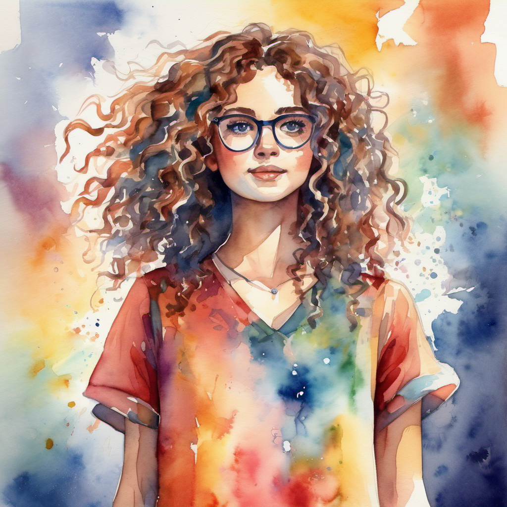 Curly-haired girl with glasses, wearing a colorful dress standing up after falling down and trying again