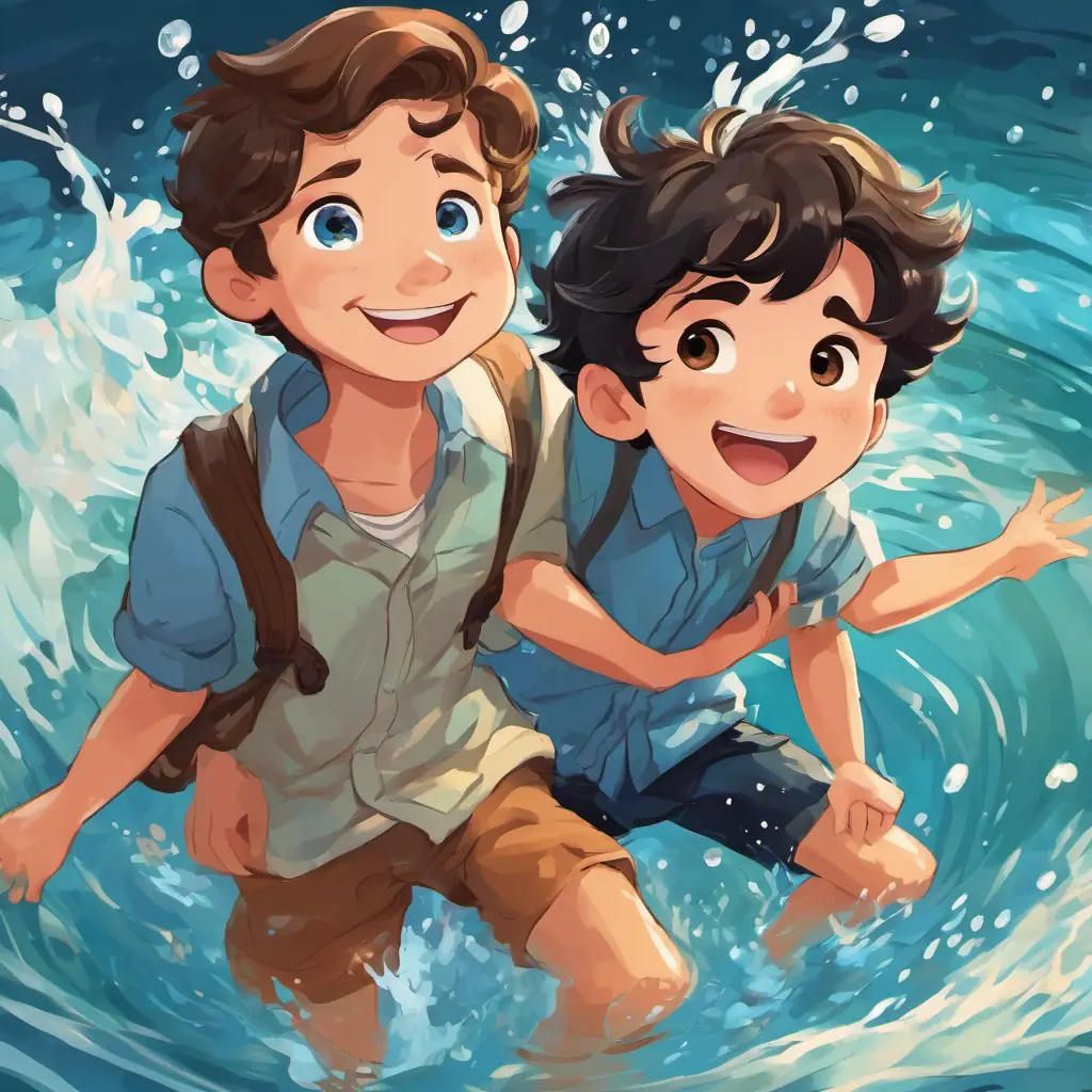 Billy has short brown hair, blue eyes, and a big smile and Ben has tall black hair, brown eyes, and a playful grin are splashing water at each other, both laughing and having fun.