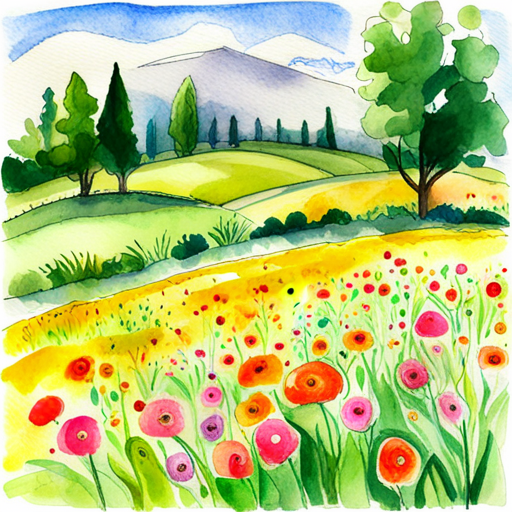 A sunny meadow with green grass and colorful flowers