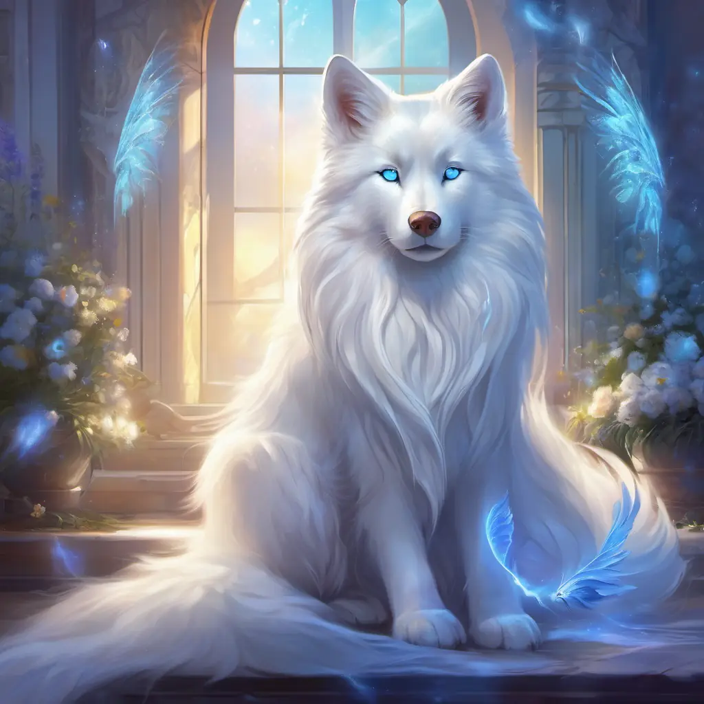 Silky white fur, sparkling blue eyes, eager expression wakes in his house, mystical morning.